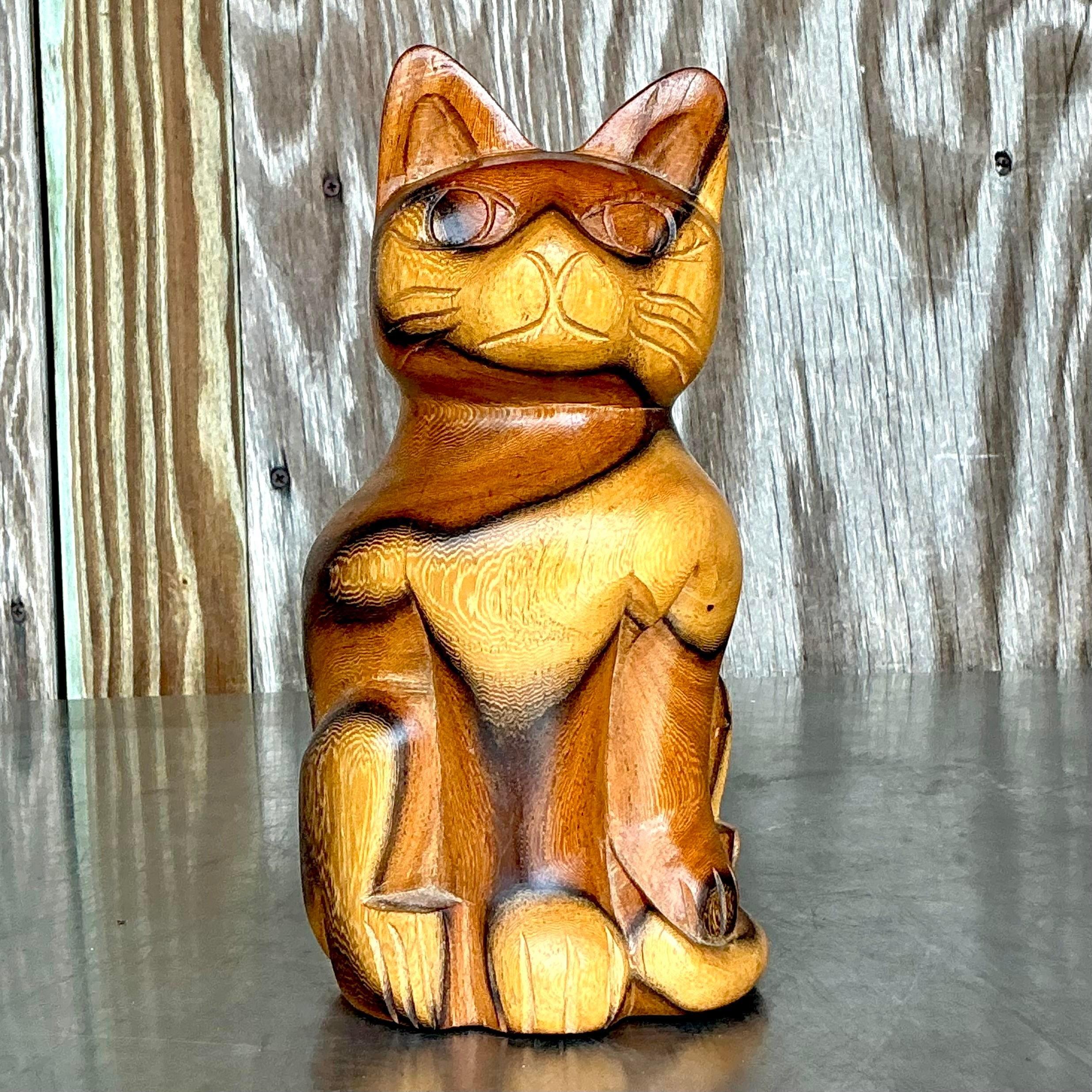 20th Century Vintage Boho Carved Wood Cat For Sale
