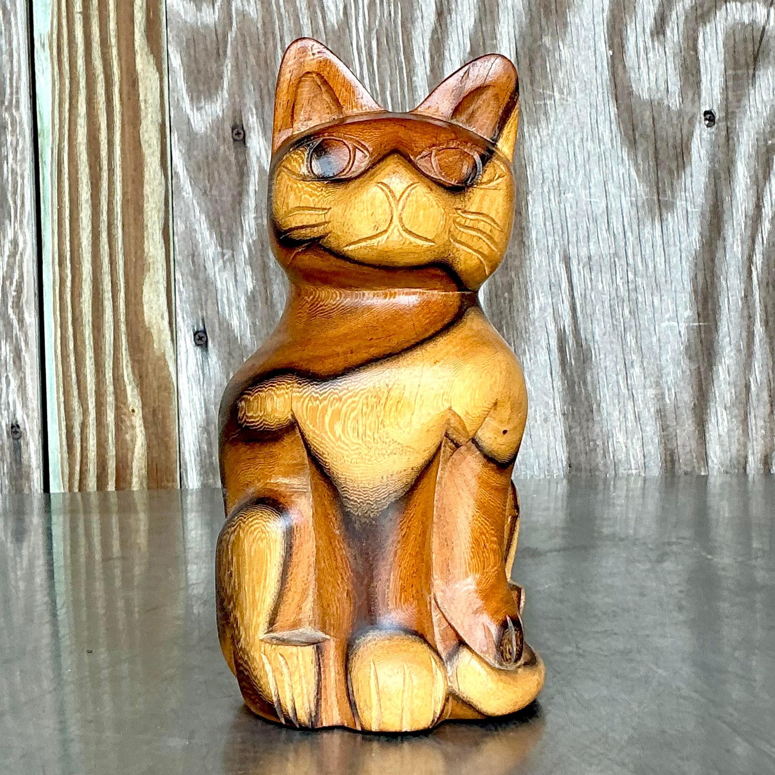 Vintage Boho Carved Wood Cat For Sale 1
