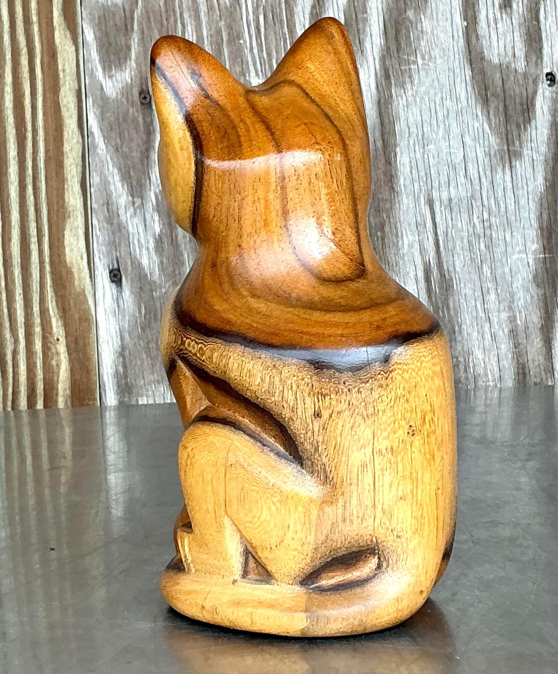 Vintage Boho Carved Wood Cat For Sale 2