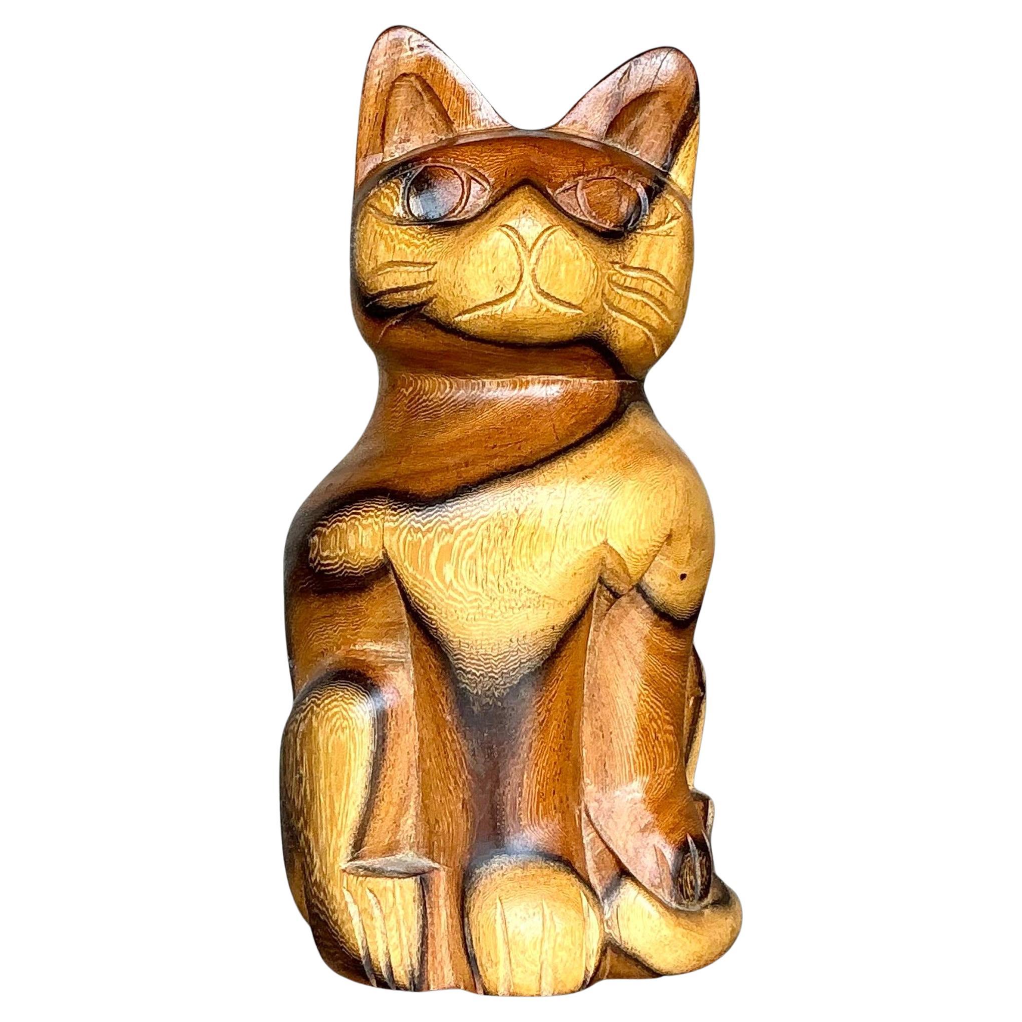 Gato Vintage Boho de Madera Tallada