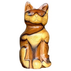 Vintage Boho Carved Wood Cat