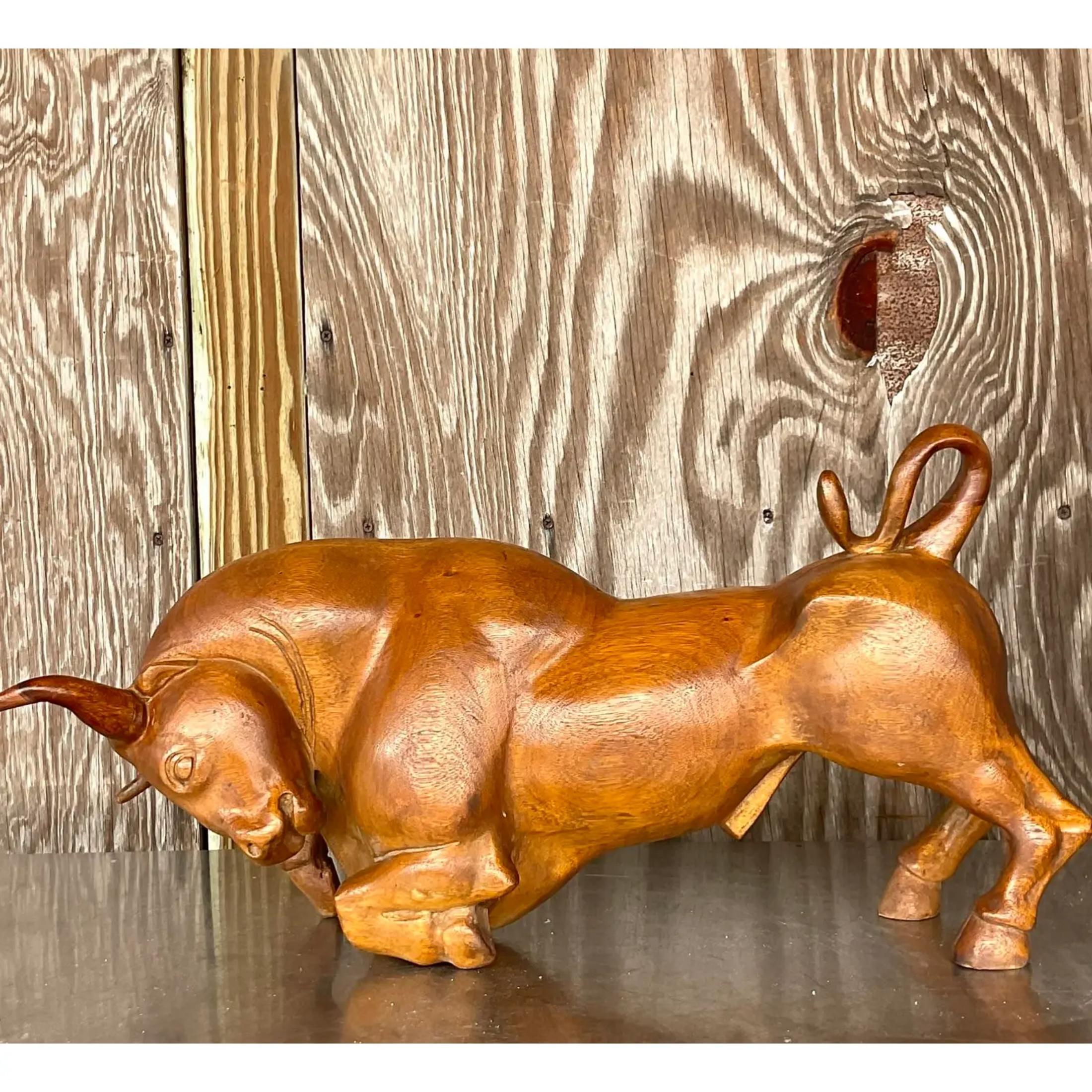 Bohemian Vintage Boho Carved Wood Charging Bull Sculpture For Sale