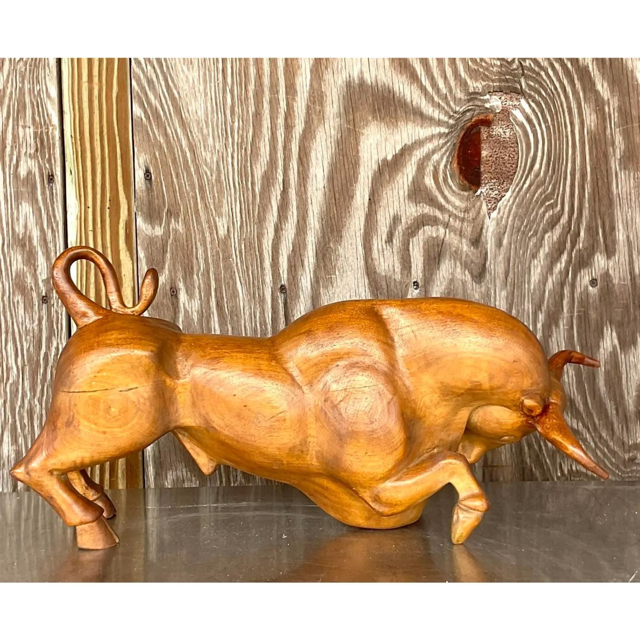 American Vintage Boho Carved Wood Charging Bull Sculpture For Sale