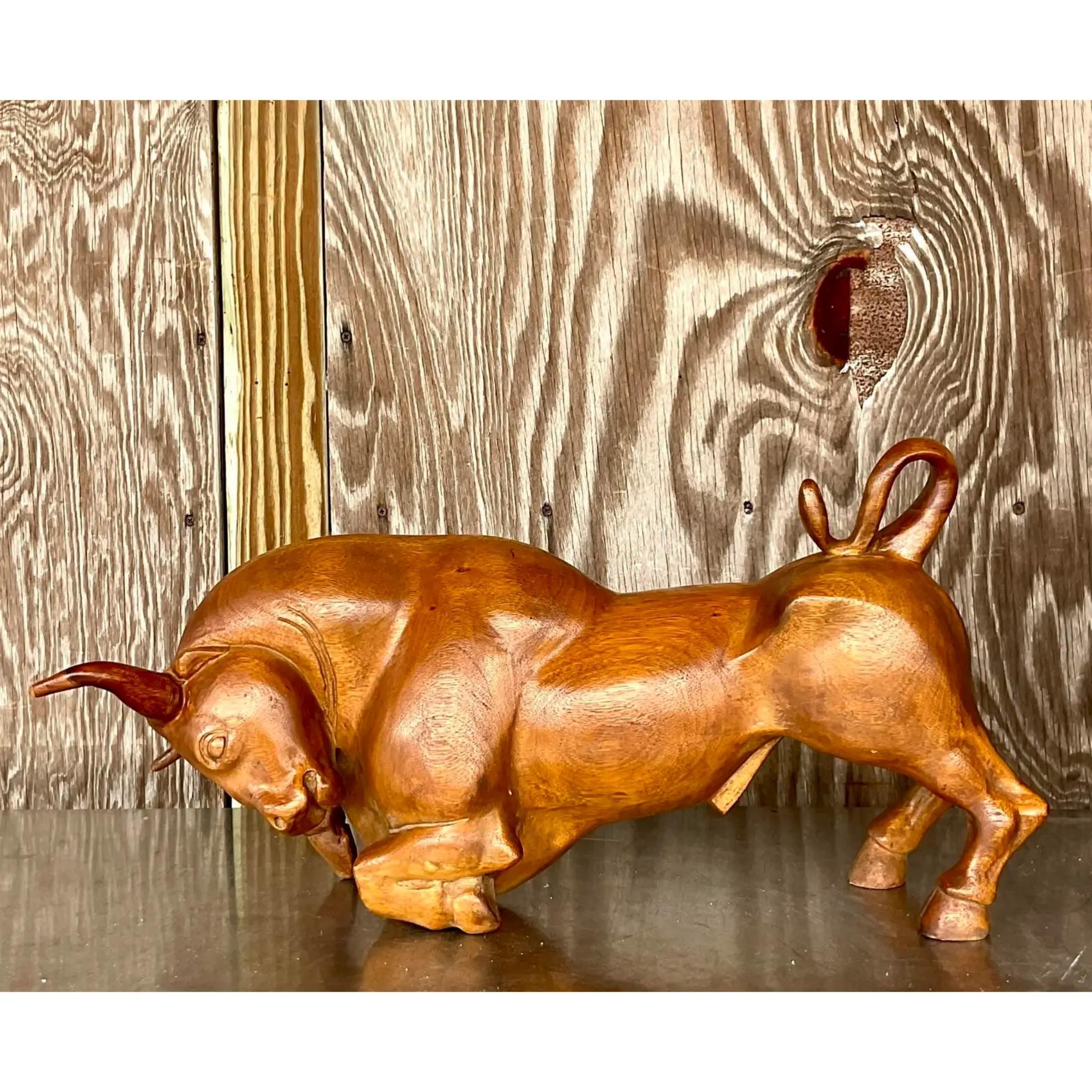 Vintage Boho Carved Wood Charging Bull Sculpture In Good Condition For Sale In west palm beach, FL