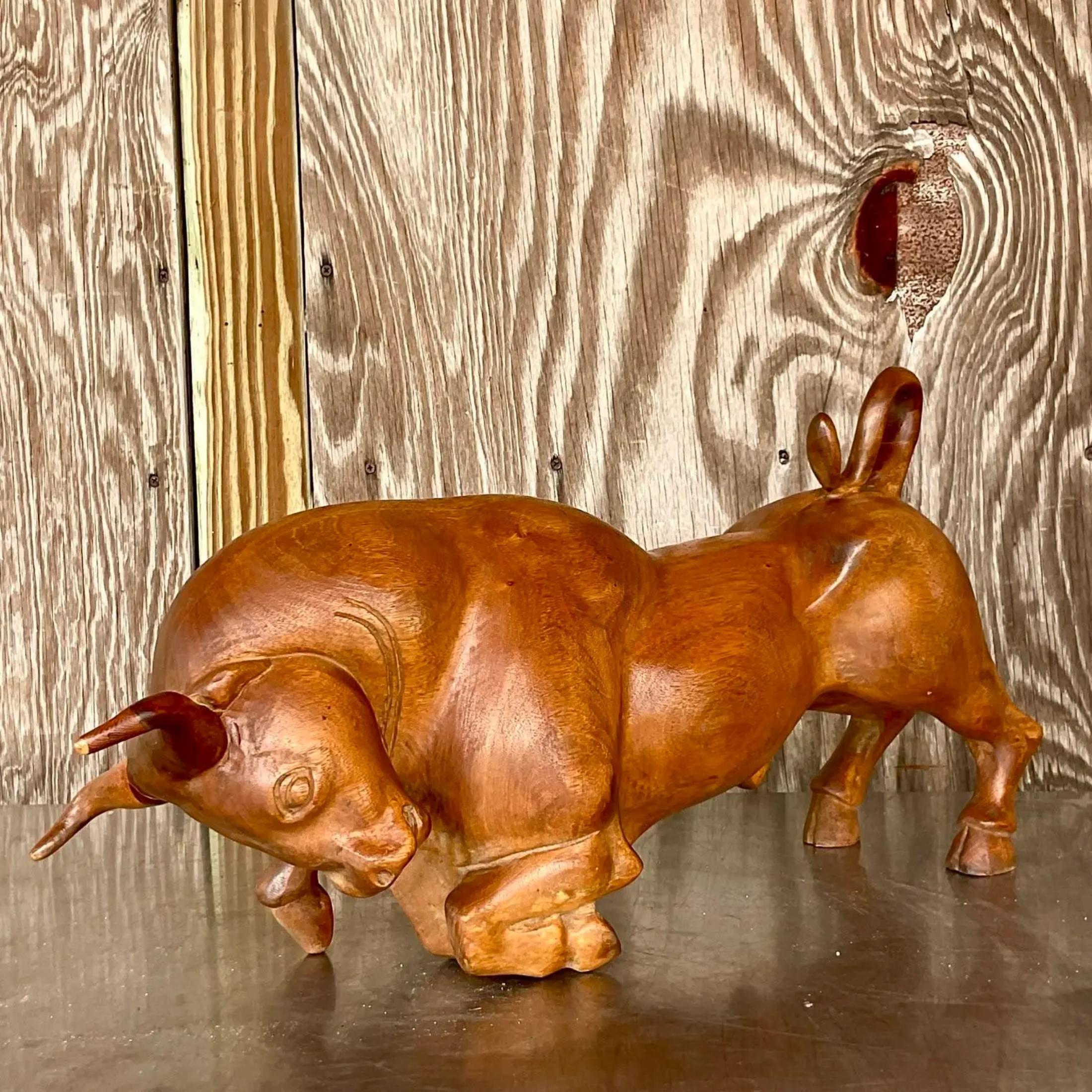 20th Century Vintage Boho Carved Wood Charging Bull Sculpture For Sale