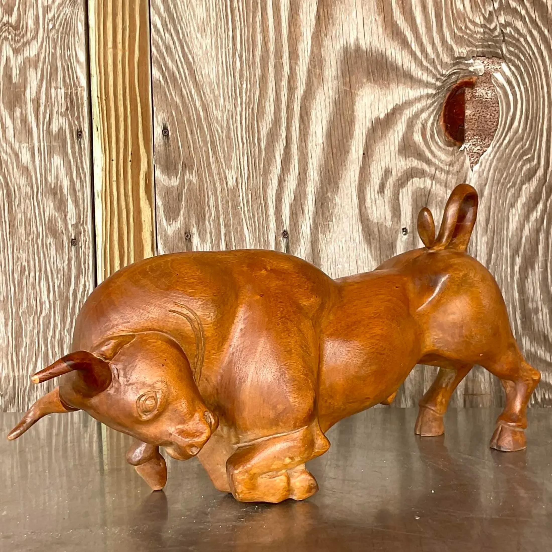 Vintage Boho Carved Wood Charging Bull Sculpture For Sale 1