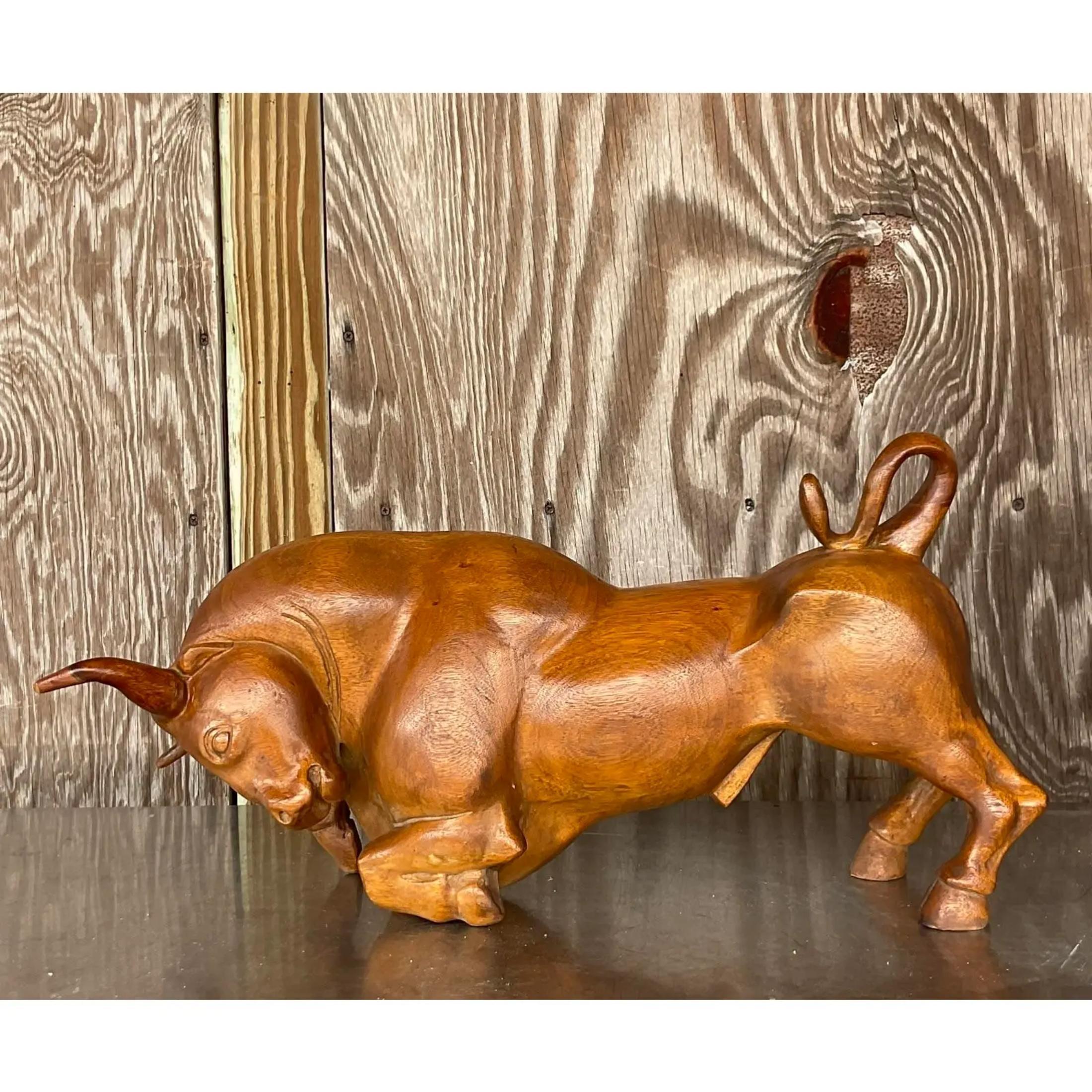Vintage Boho Carved Wood Charging Bull Sculpture For Sale 2