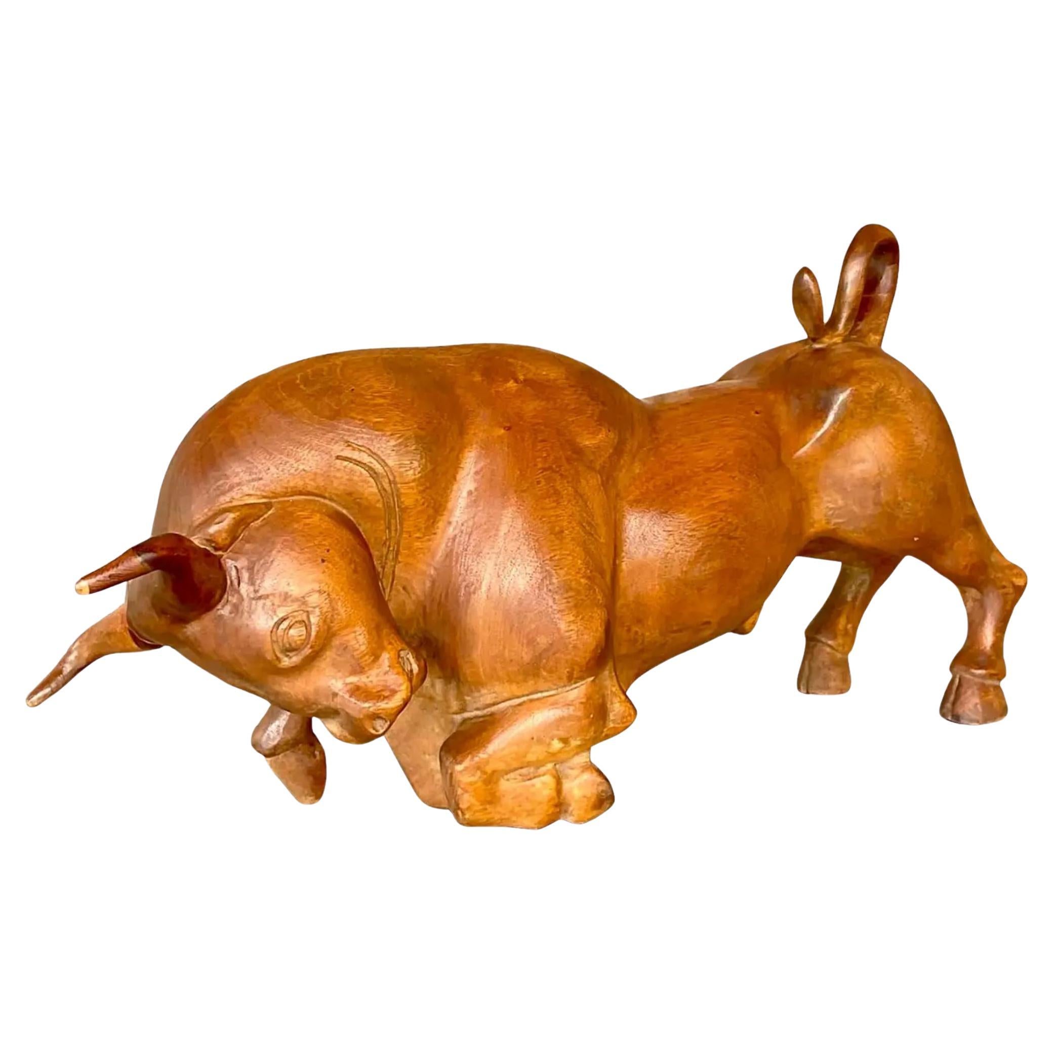 Vintage Boho Carved Wood Charging Bull Sculpture For Sale