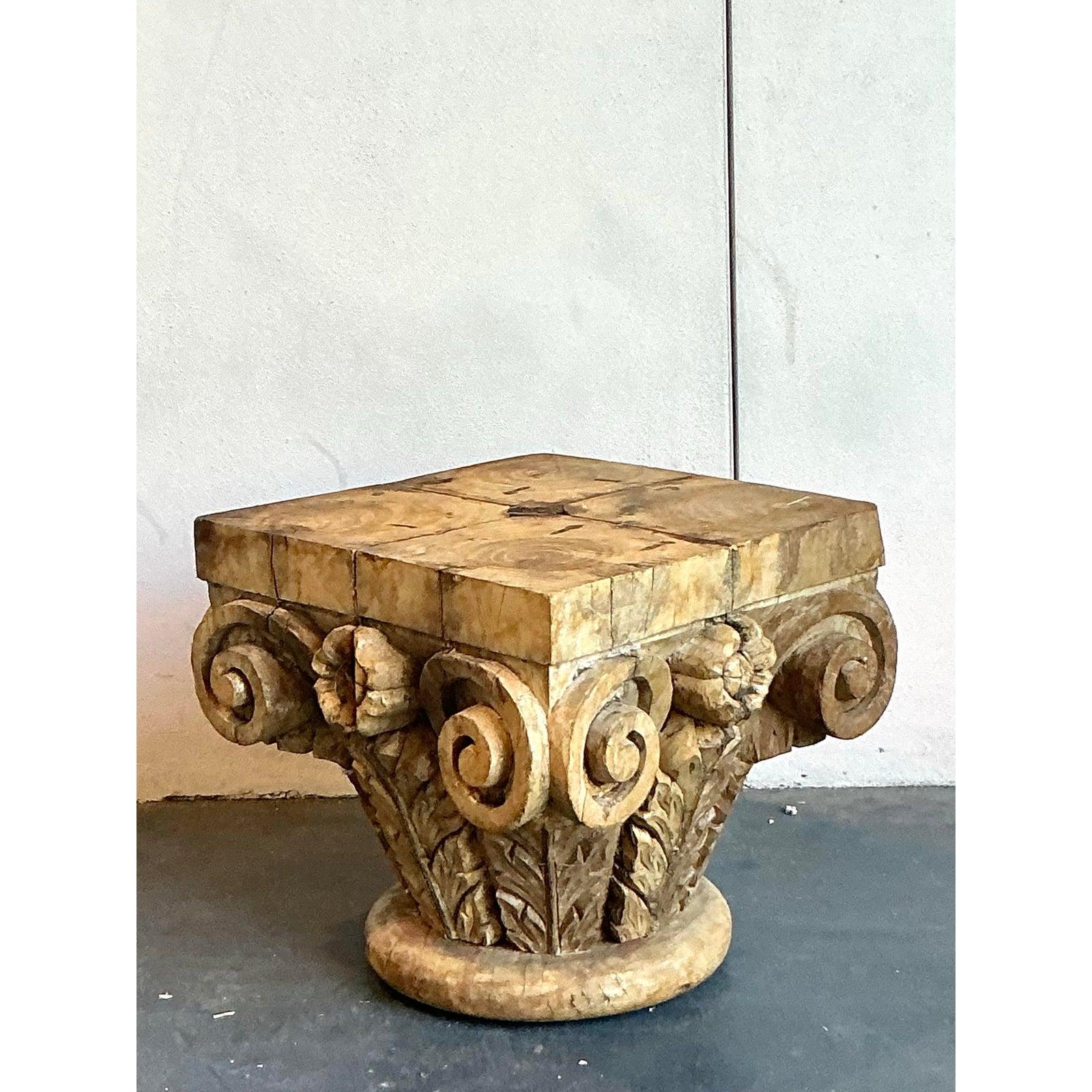 Vintage Boho Carved Wood Column Drink Tables - Set of 2 For Sale 4
