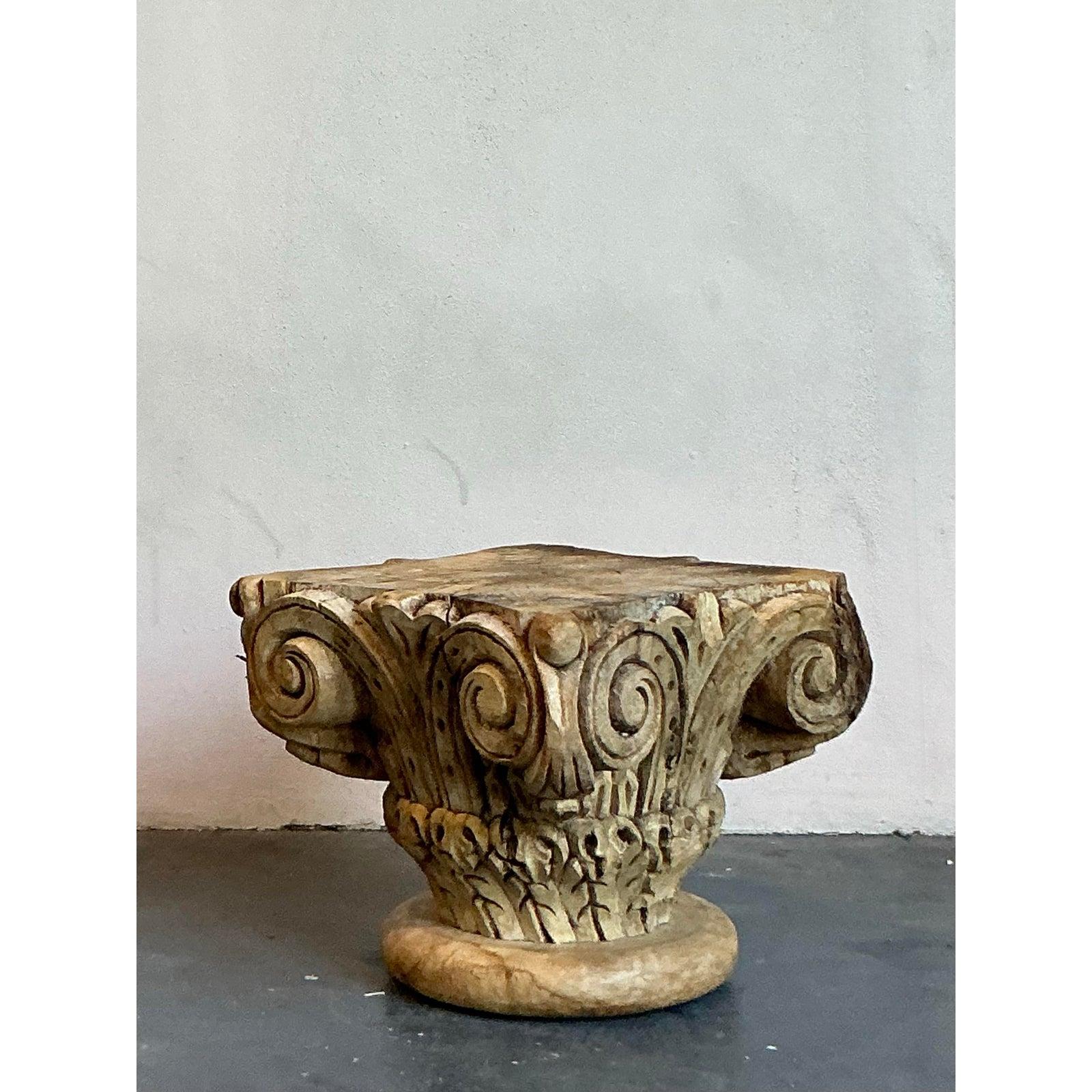 Vintage Boho Carved Wood Column Drink Tables - Set of 2 For Sale 5