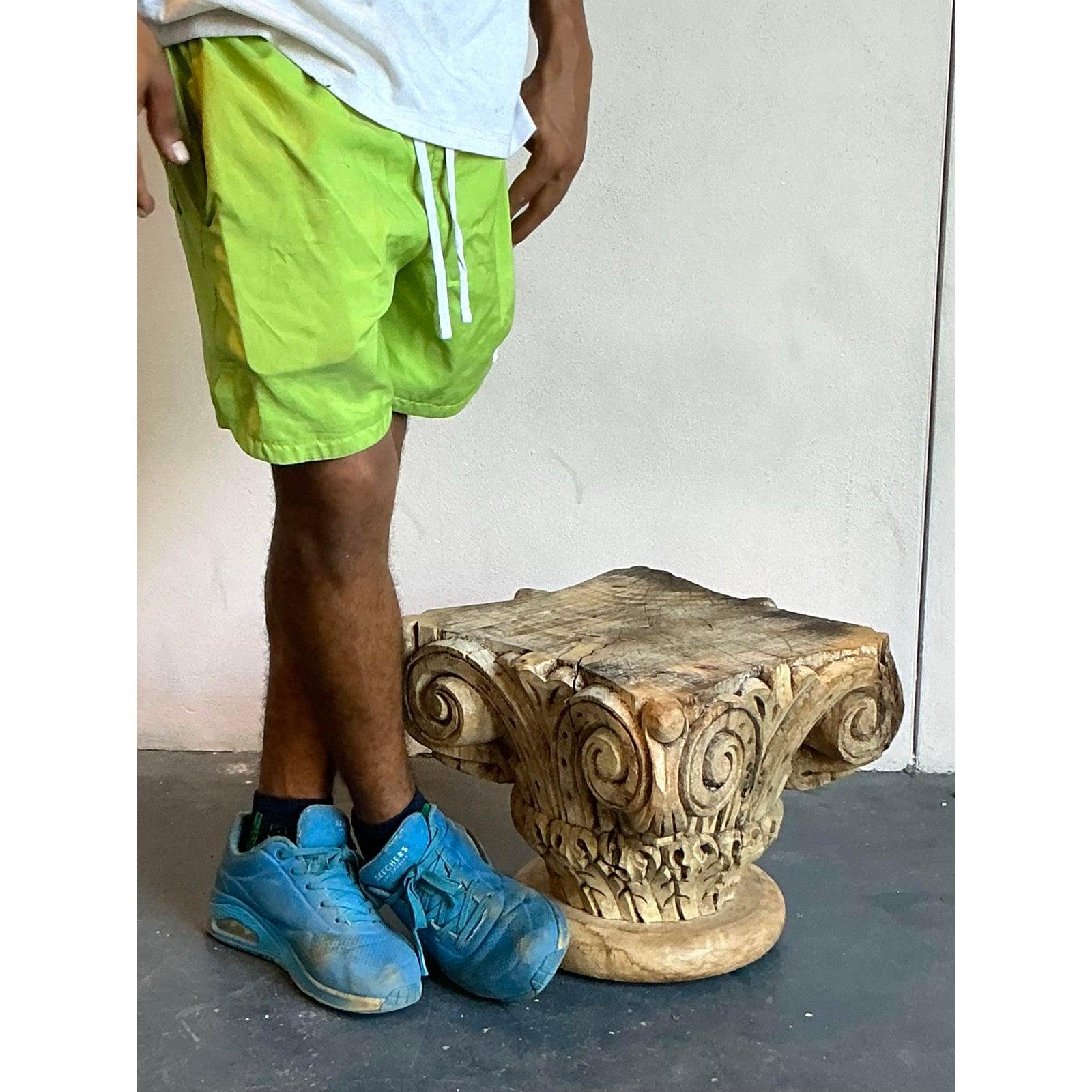 Rustic Vintage Boho Carved Wood Column Drink Tables - Set of 2 For Sale