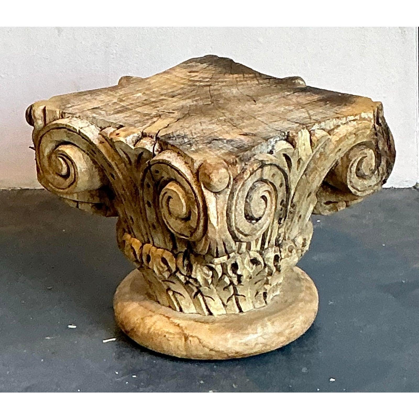 American Vintage Boho Carved Wood Column Drink Tables - Set of 2 For Sale