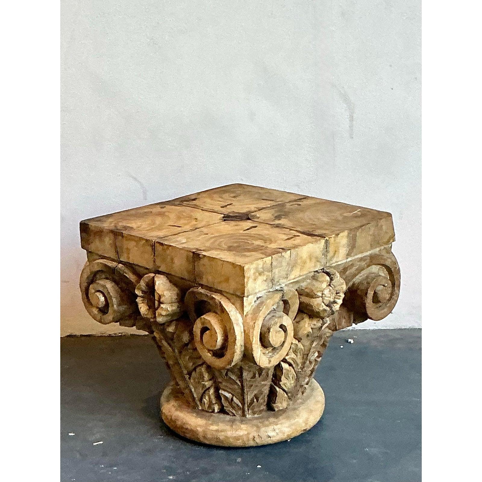 Vintage Boho Carved Wood Column Drink Tables - Set of 2 In Good Condition For Sale In West Palm Beach, FL
