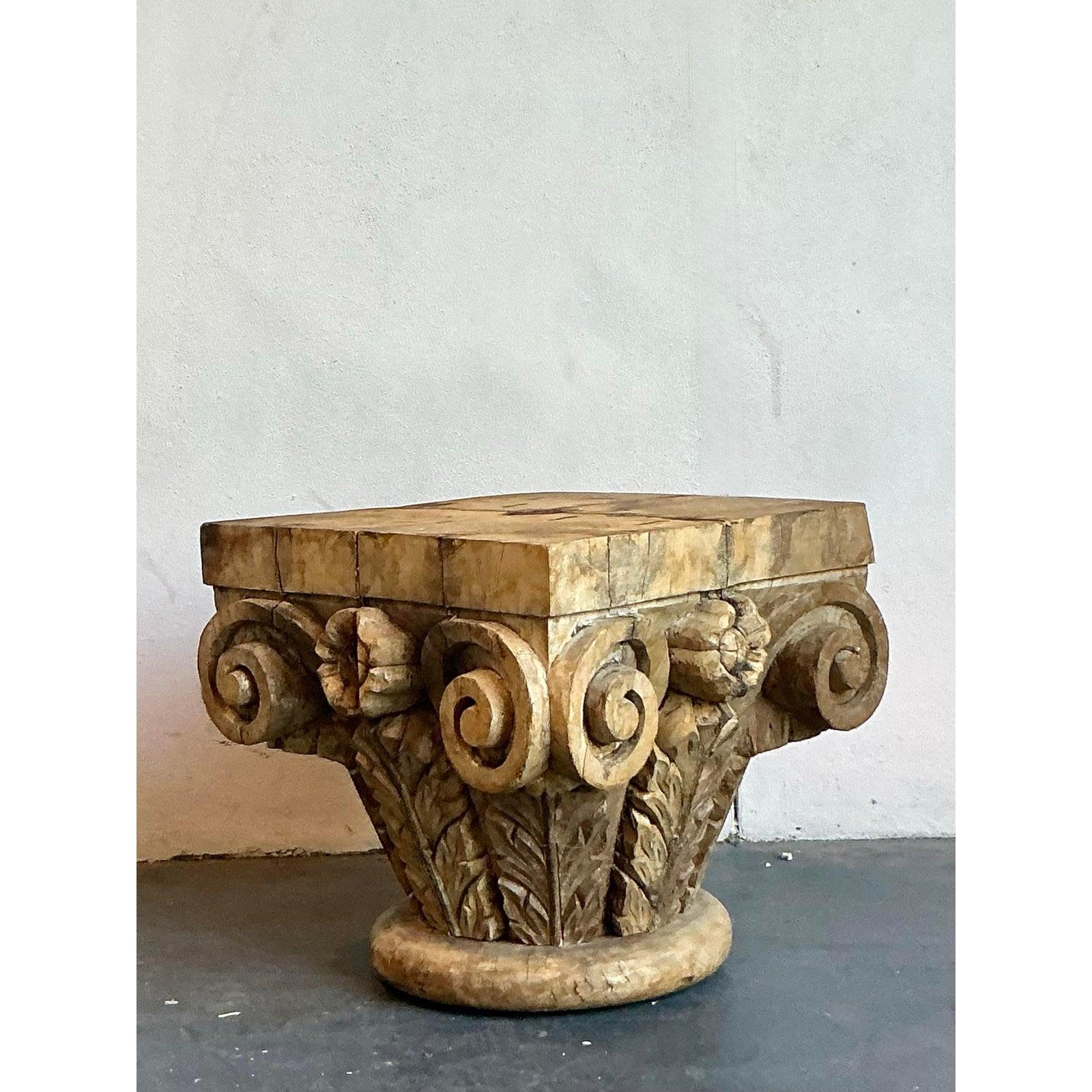 20th Century Vintage Boho Carved Wood Column Drink Tables - Set of 2 For Sale