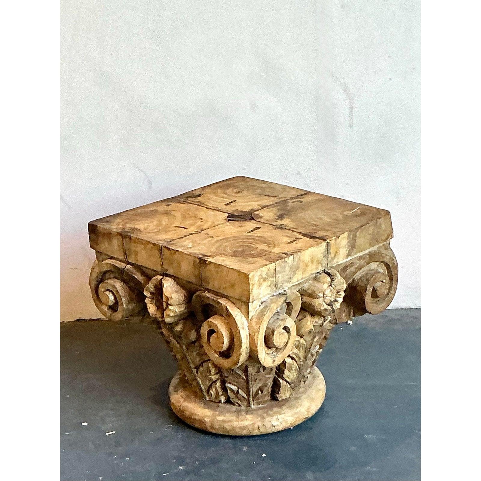 Vintage Boho Carved Wood Column Drink Tables - Set of 2 For Sale 1