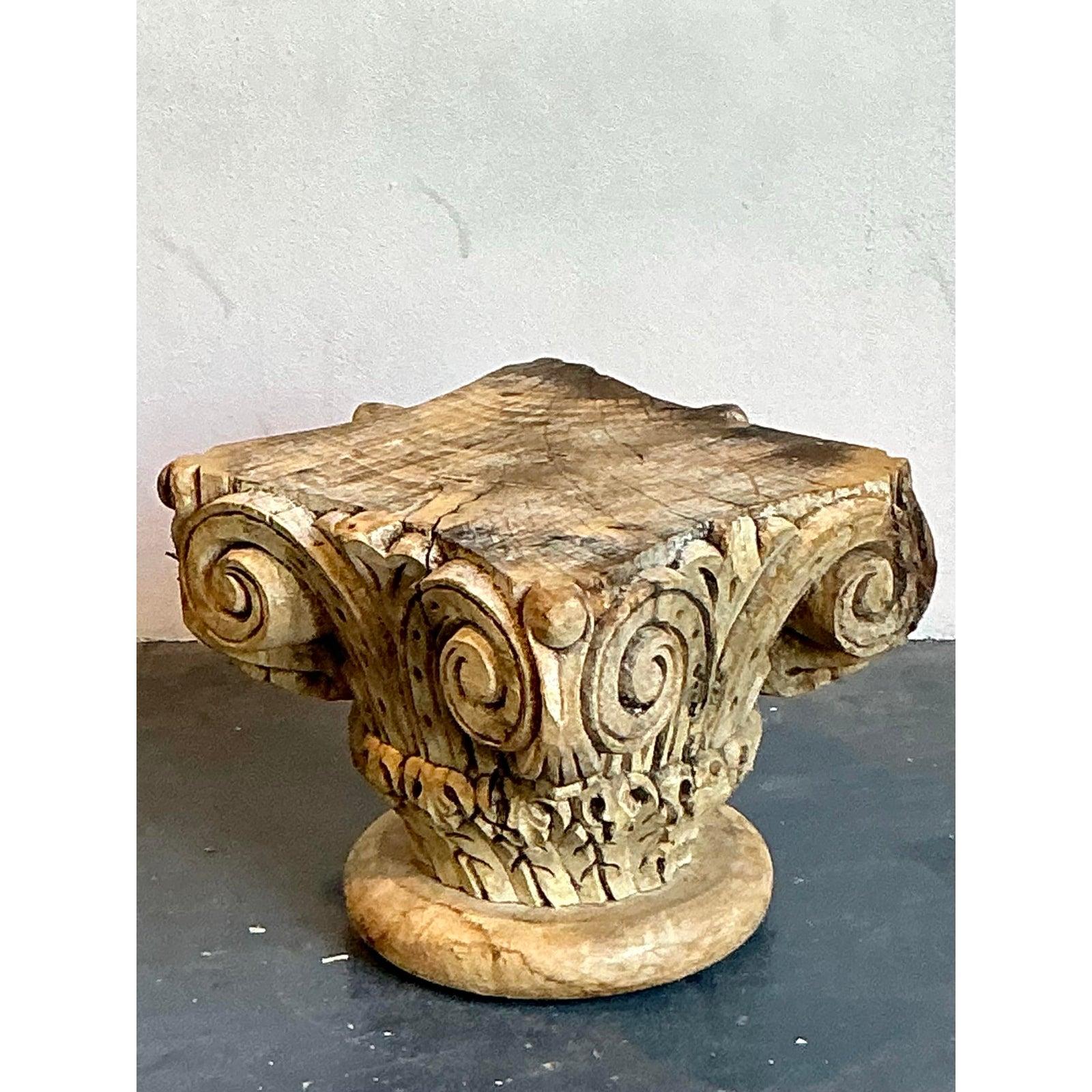 Vintage Boho Carved Wood Column Drink Tables - Set of 2 For Sale 2