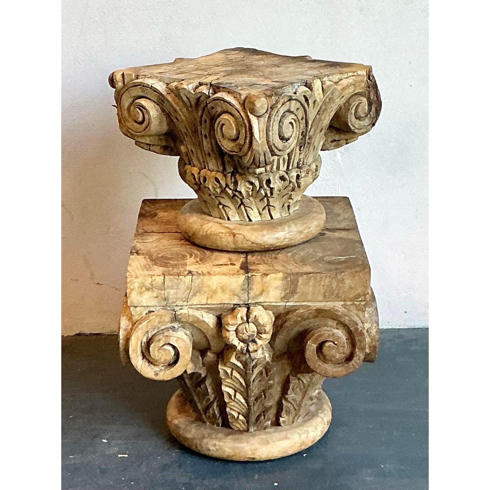 Vintage Boho Carved Wood Column Drink Tables - Set of 2 For Sale 3