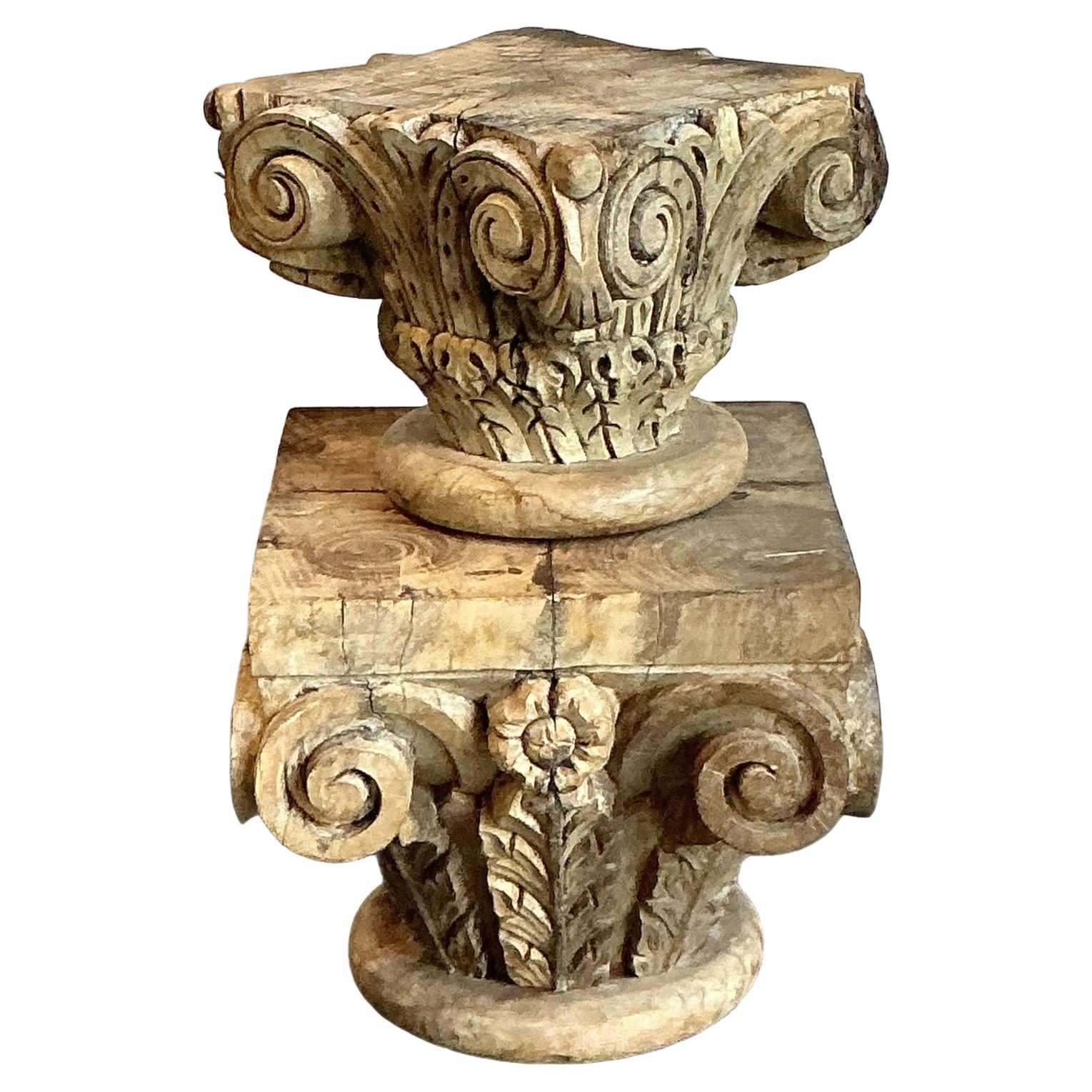Vintage Boho Carved Wood Column Drink Tables - Set of 2 For Sale