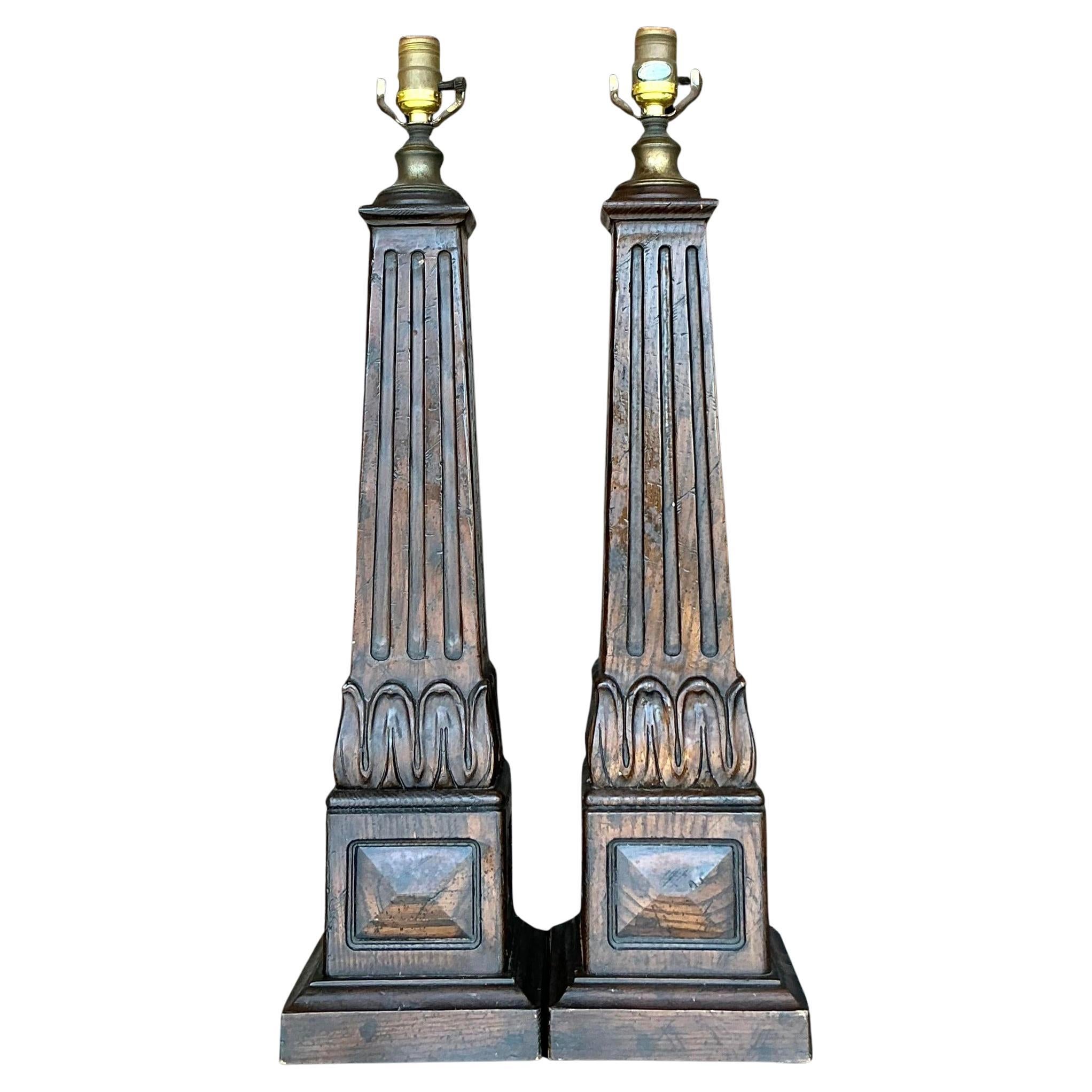 Vintage Boho Carved Wood Column Lamps - a Pair