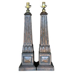 Vintage Boho Carved Wood Column Lamps - a Pair
