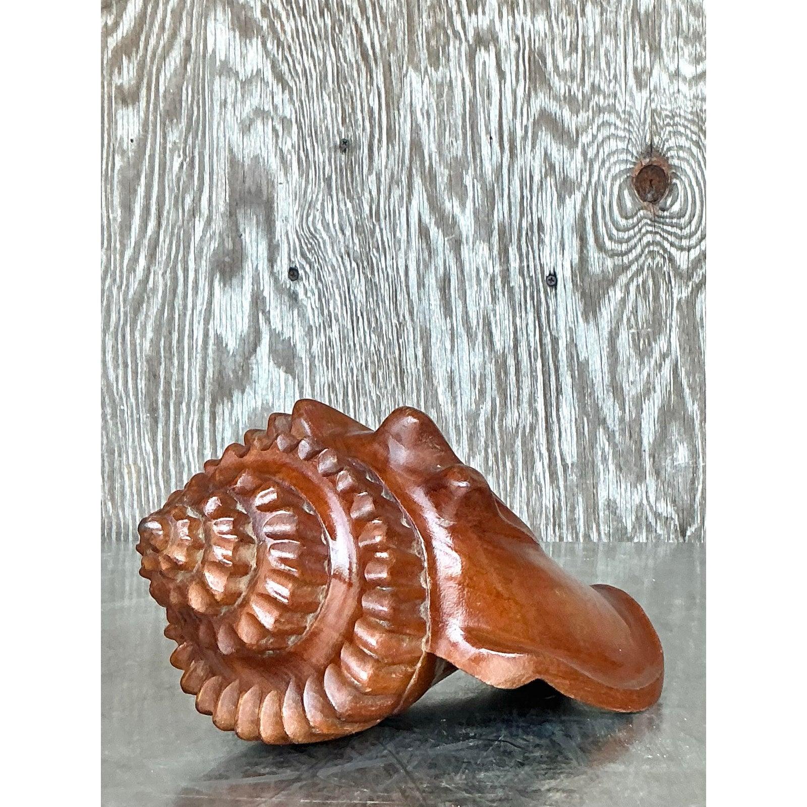 Vintage Boho Carved Wood Conch Shell For Sale 4