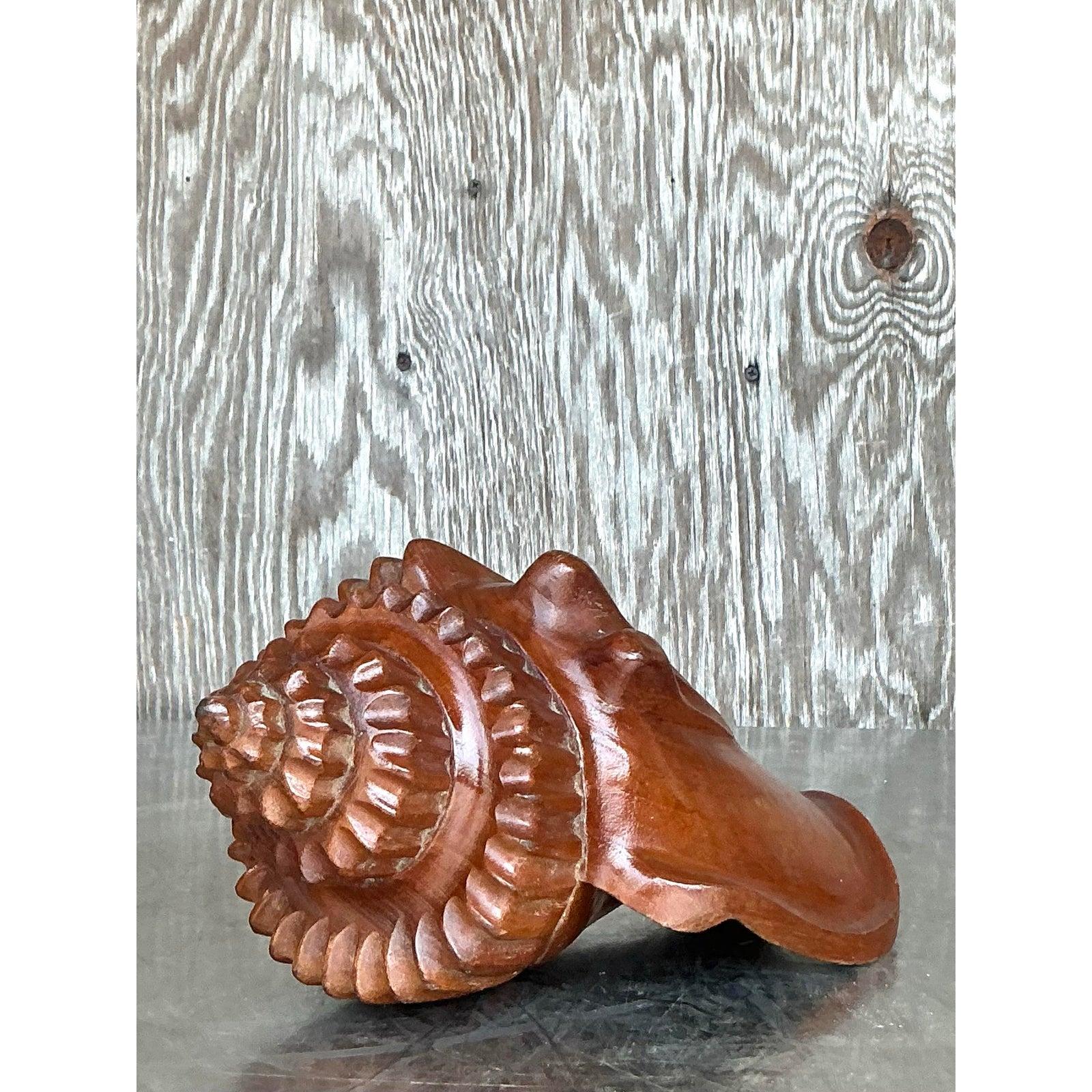 Vintage Boho Carved Wood Conch Shell For Sale 5