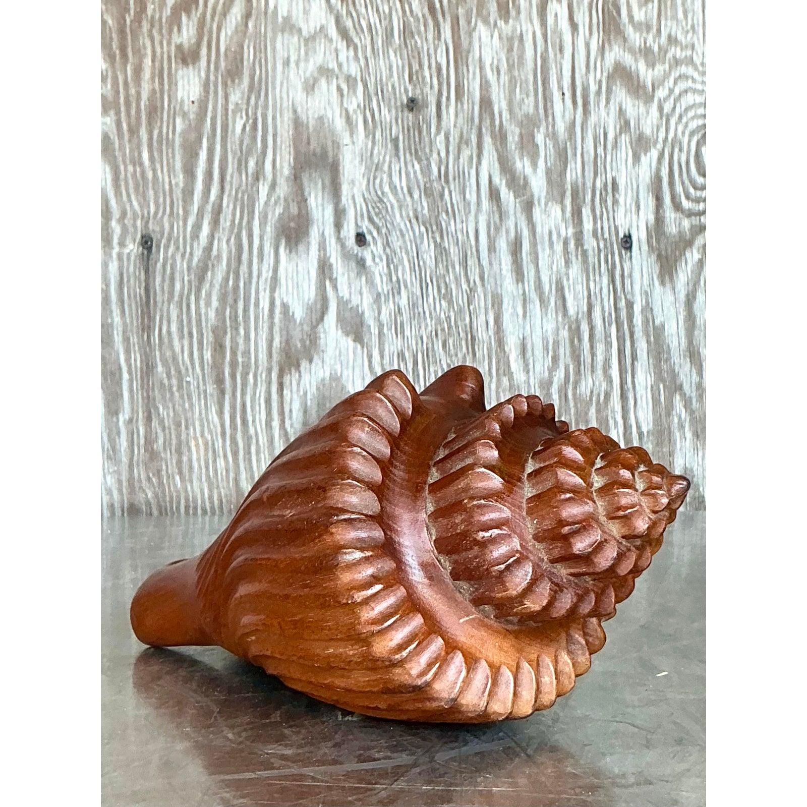 Vintage Boho Carved Wood Conch Shell For Sale 6