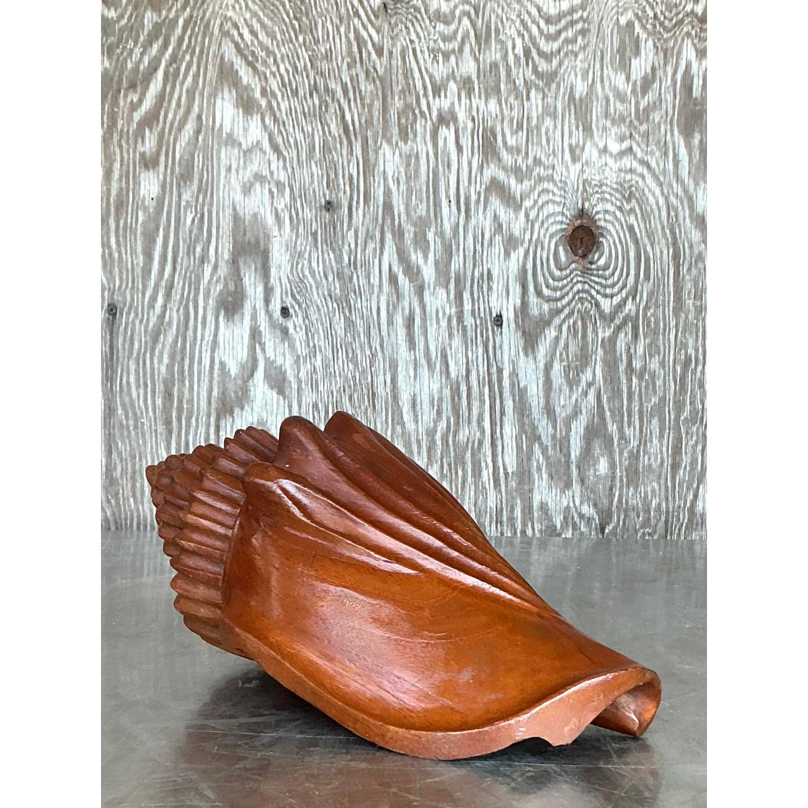 American Vintage Boho Carved Wood Conch Shell For Sale