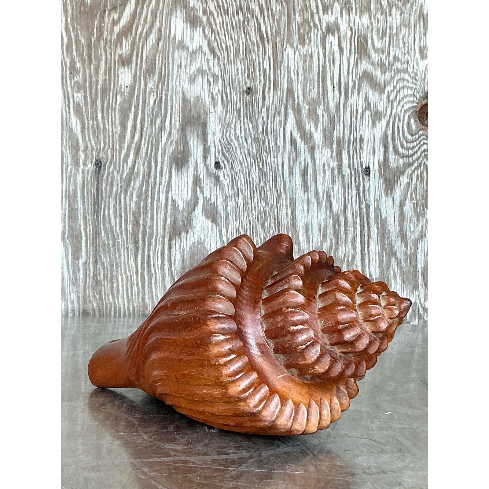 20th Century Vintage Boho Carved Wood Conch Shell For Sale
