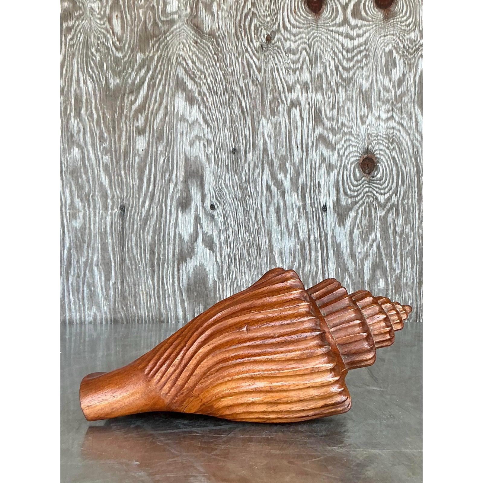 Vintage Boho Carved Wood Conch Shell For Sale 1