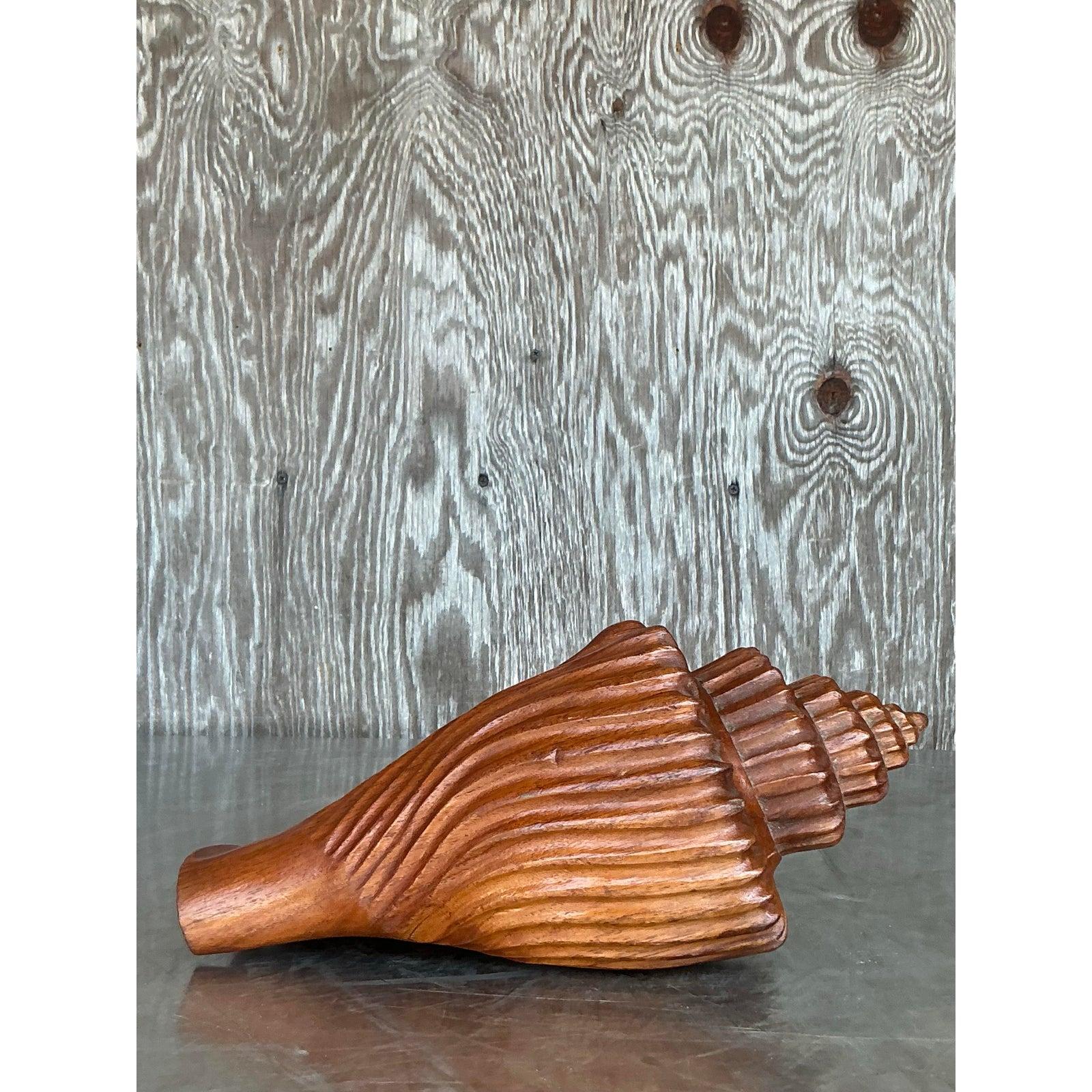Vintage Boho Carved Wood Conch Shell For Sale 2