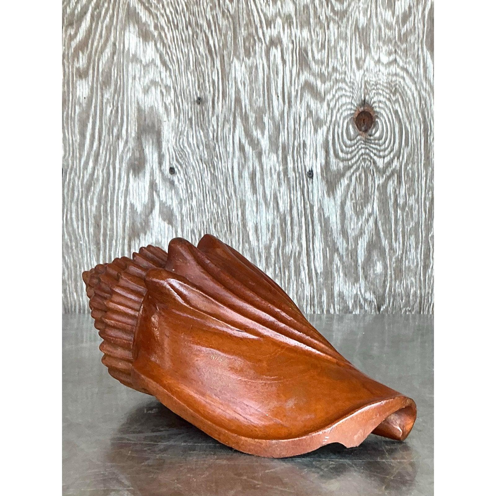 Vintage Boho Carved Wood Conch Shell For Sale 3