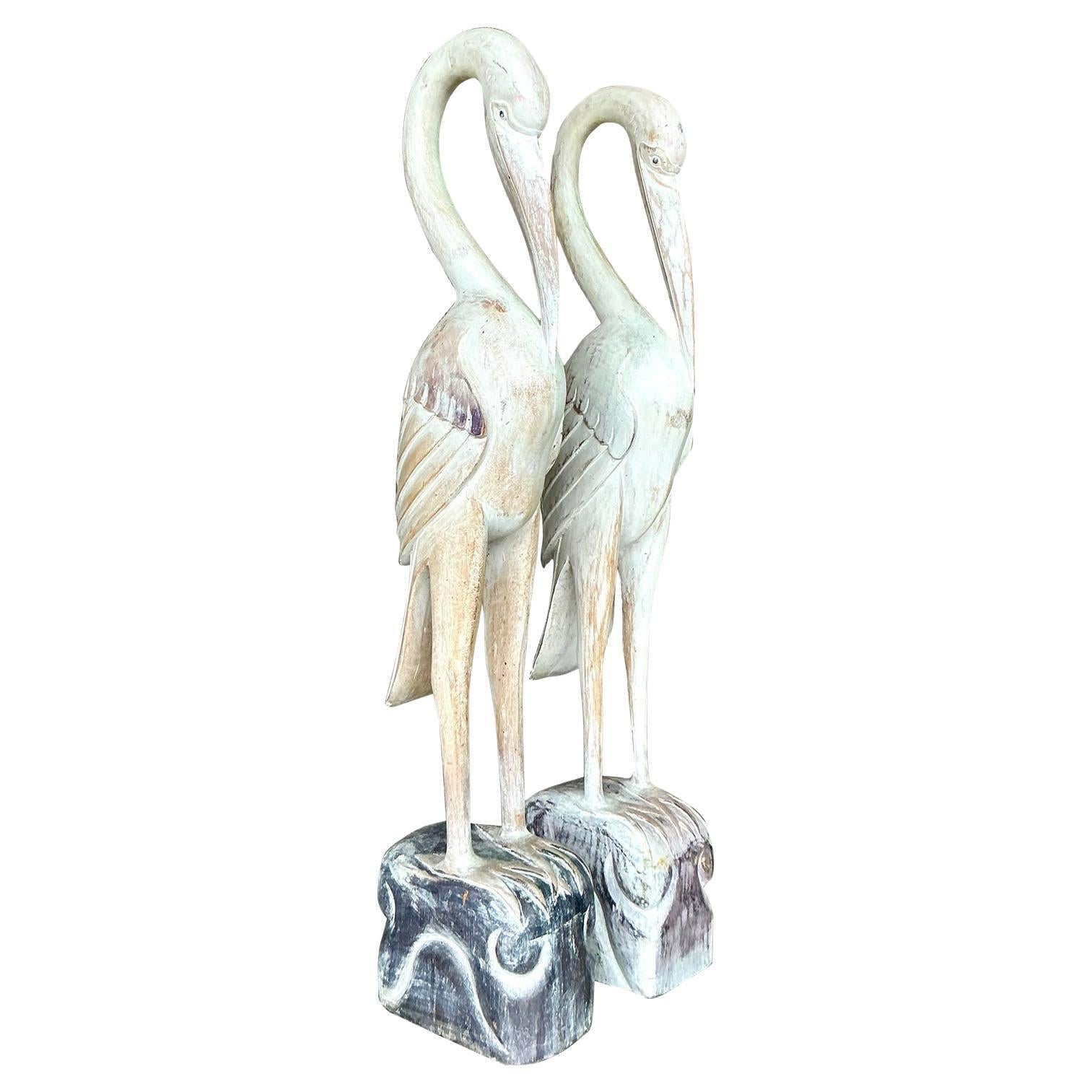 Vintage Boho Carved Wood Crane Statues - a Pair