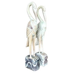 Vintage Boho Carved Wood Crane Statues - a Pair