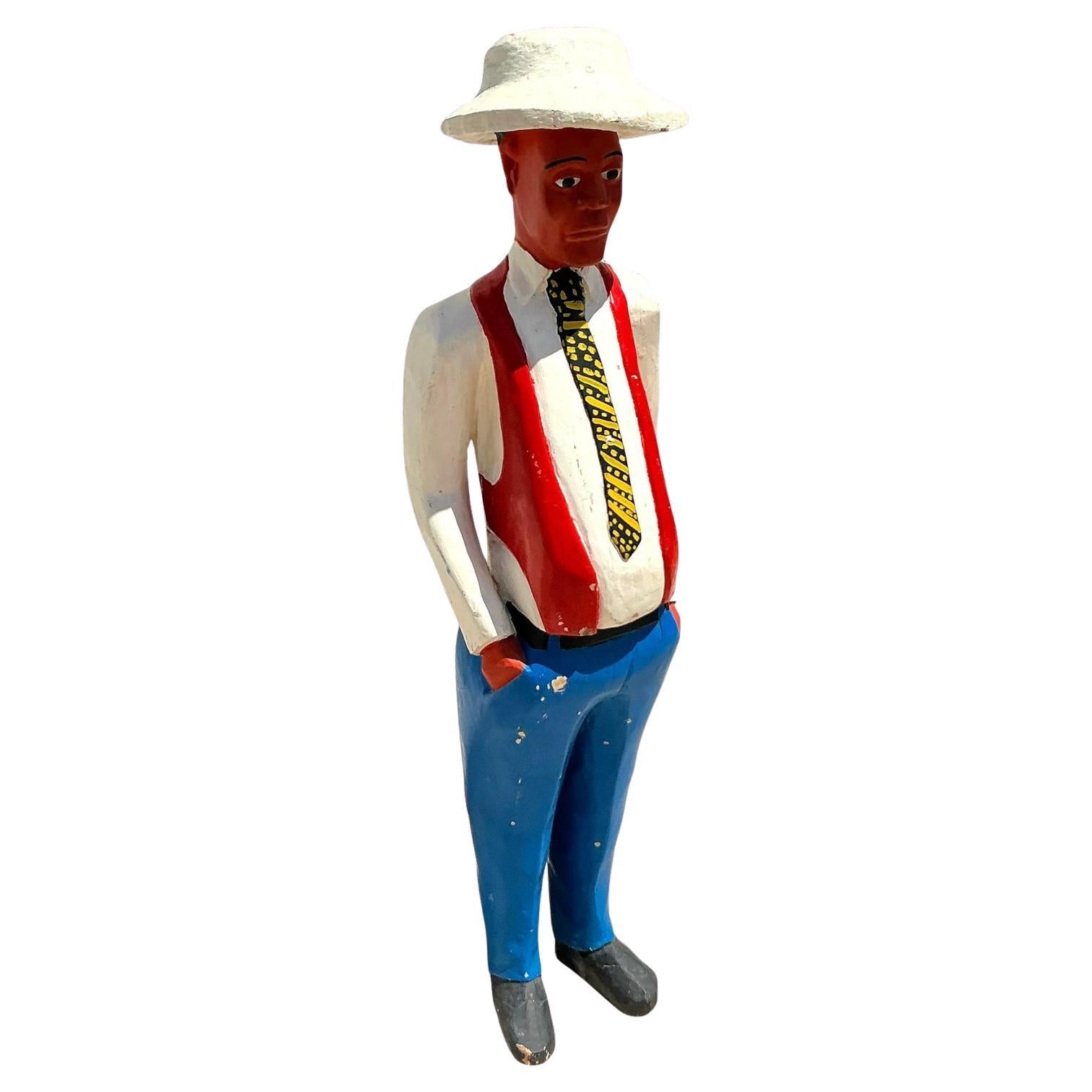 Vintage Boho Carved Wood Cuban Man Sculpture