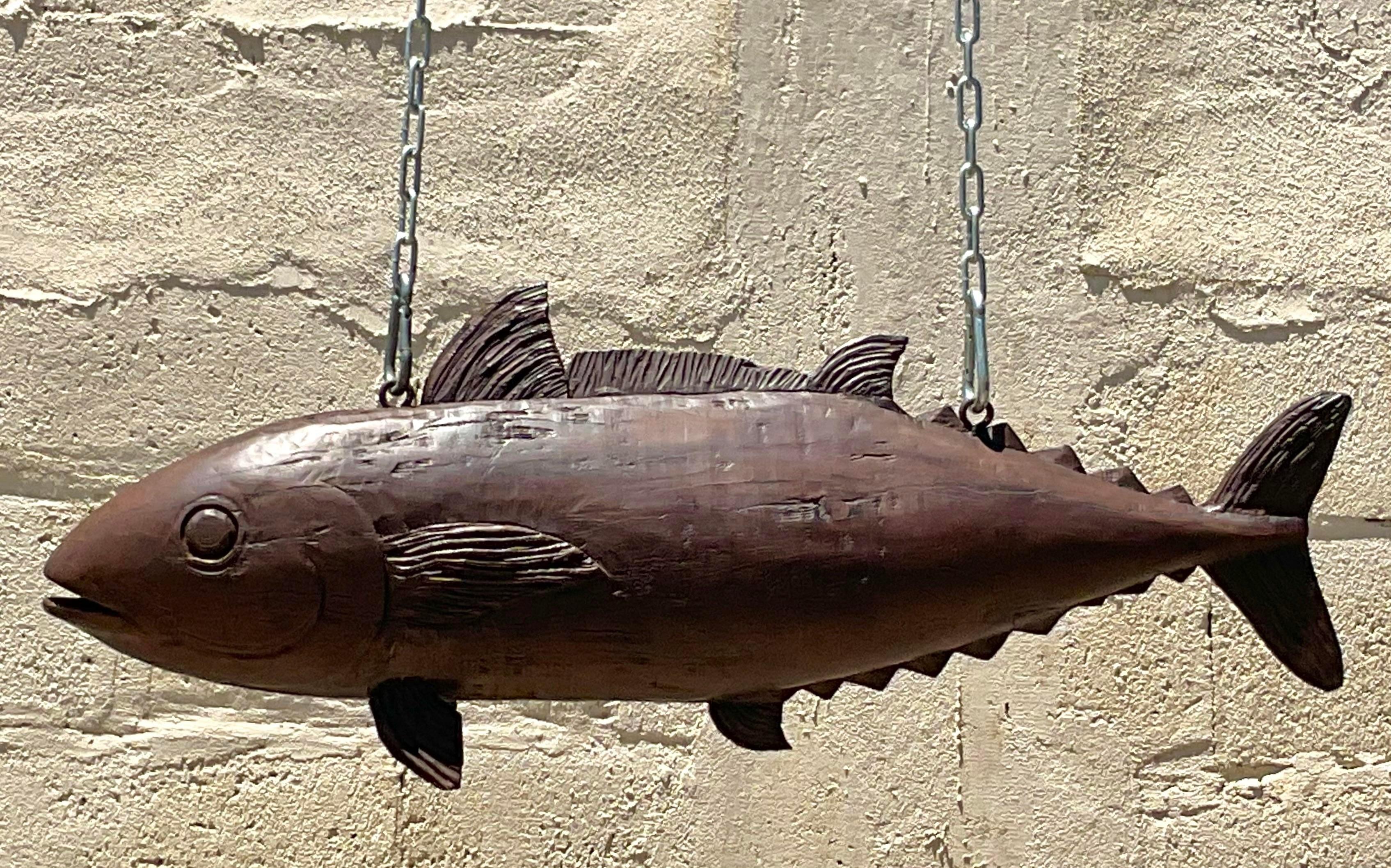 American Vintage Boho Carved Wood Fishmonger Blade Sign For Sale