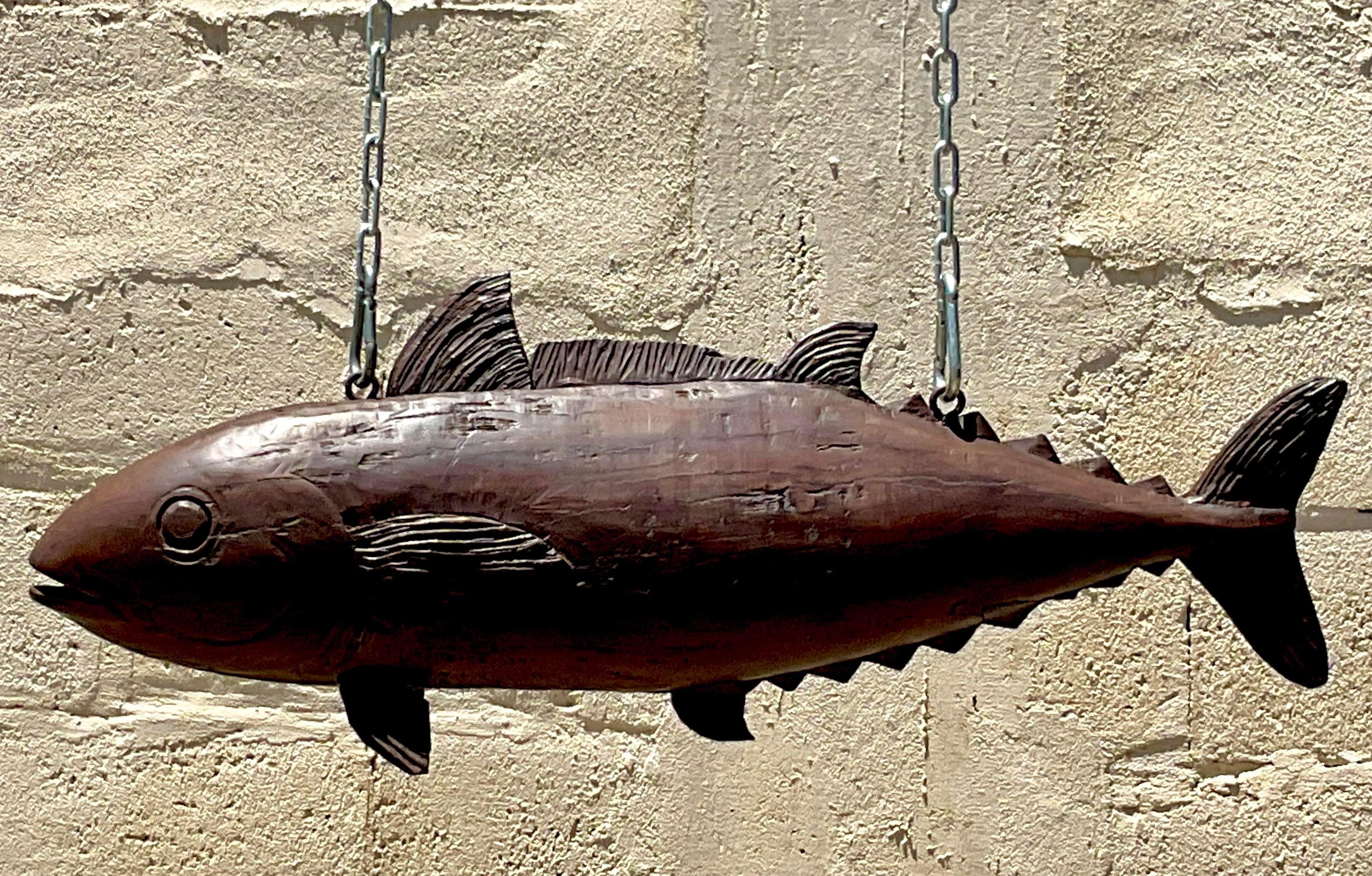 Vintage Boho Carved Wood Fishmonger Blade Sign In Good Condition For Sale In west palm beach, FL