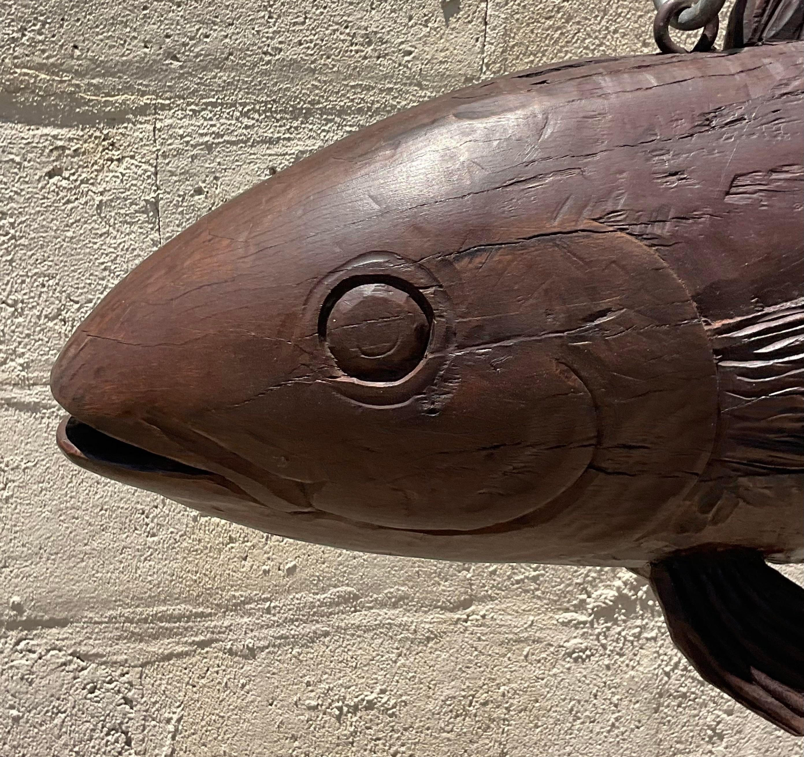 Metal Vintage Boho Carved Wood Fishmonger Blade Sign For Sale