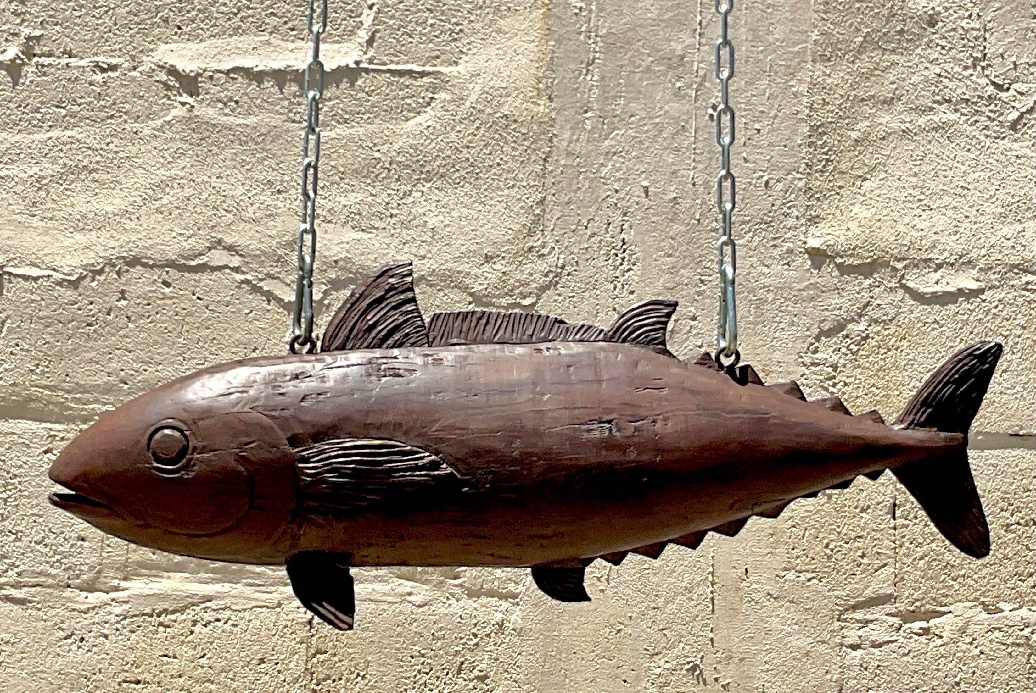 Vintage Boho geschnitzt Holz Fischhändler Klinge Zeichen im Angebot 1
