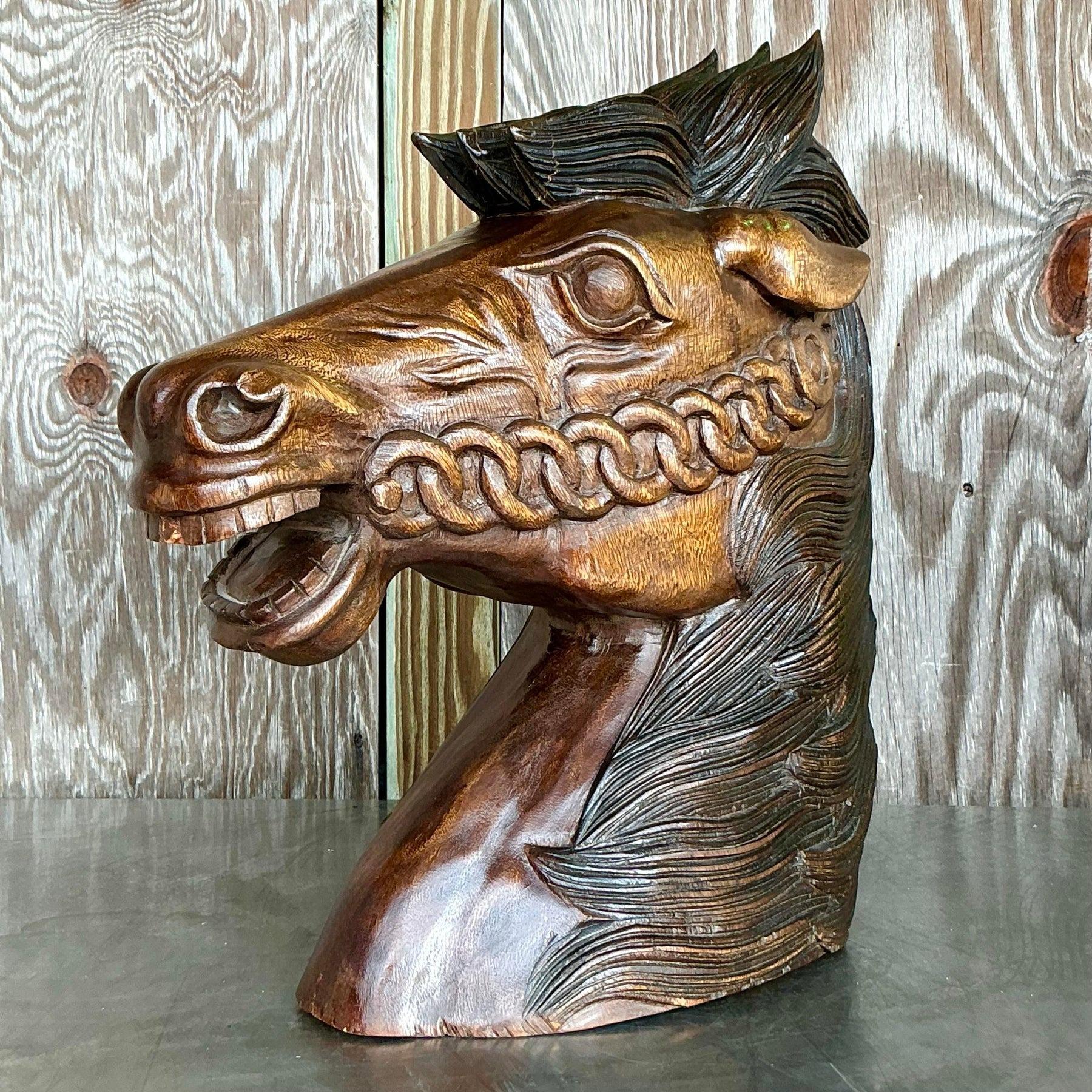 Cabeza de Caballo de Madera Tallada Boho Vintage Estadounidense en venta