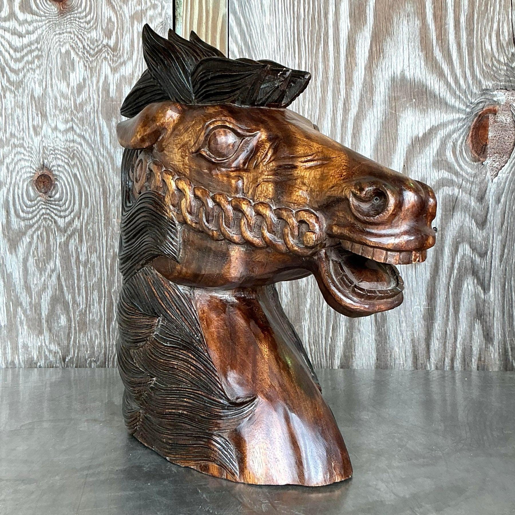 Cabeza de Caballo de Madera Tallada Boho Vintage en venta 1