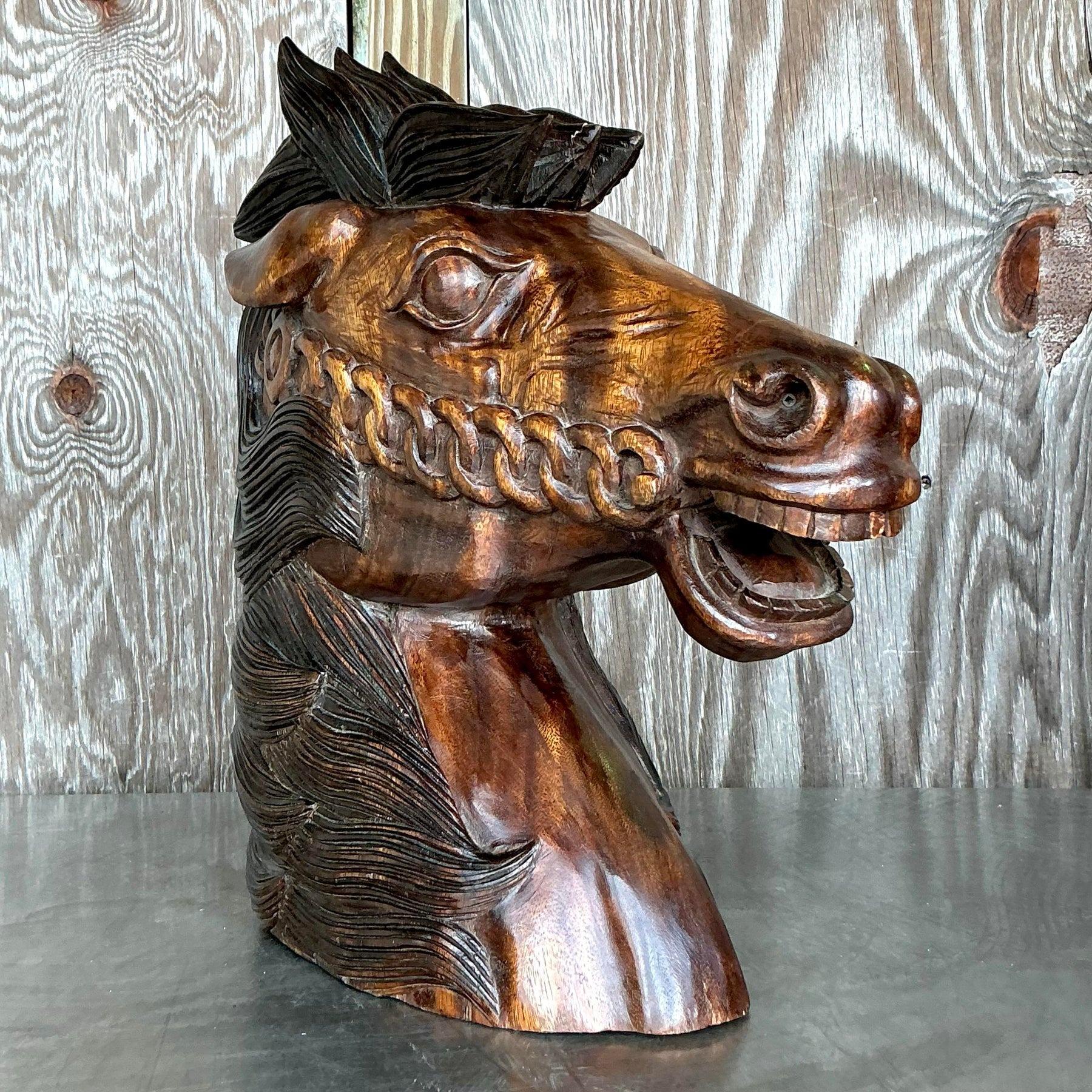 Cabeza de Caballo de Madera Tallada Boho Vintage en venta 4