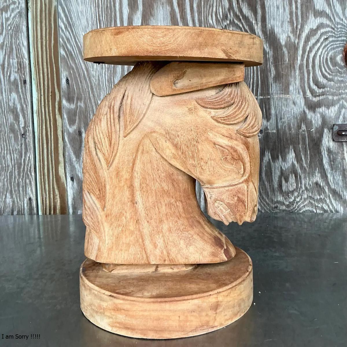 American Vintage Boho Carved Wood Horse Head Low Stool For Sale