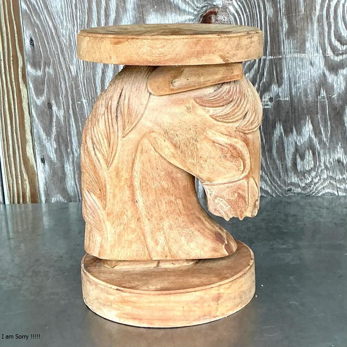 20th Century Vintage Boho Carved Wood Horse Head Low Stool For Sale