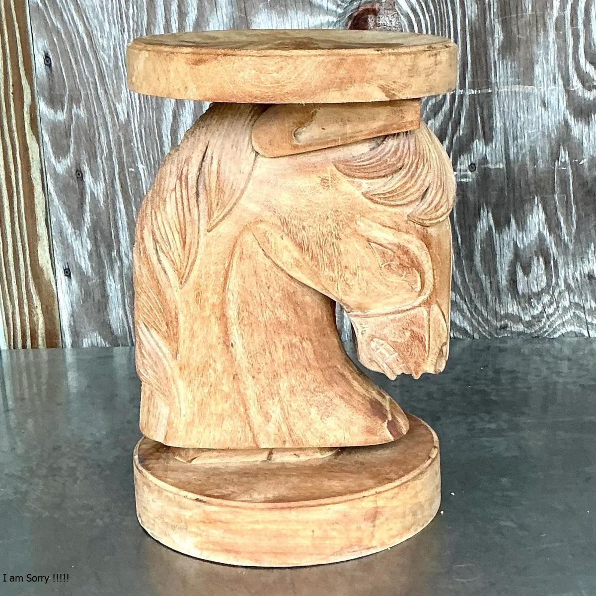 Vintage Boho Carved Wood Horse Head Low Stool For Sale 1