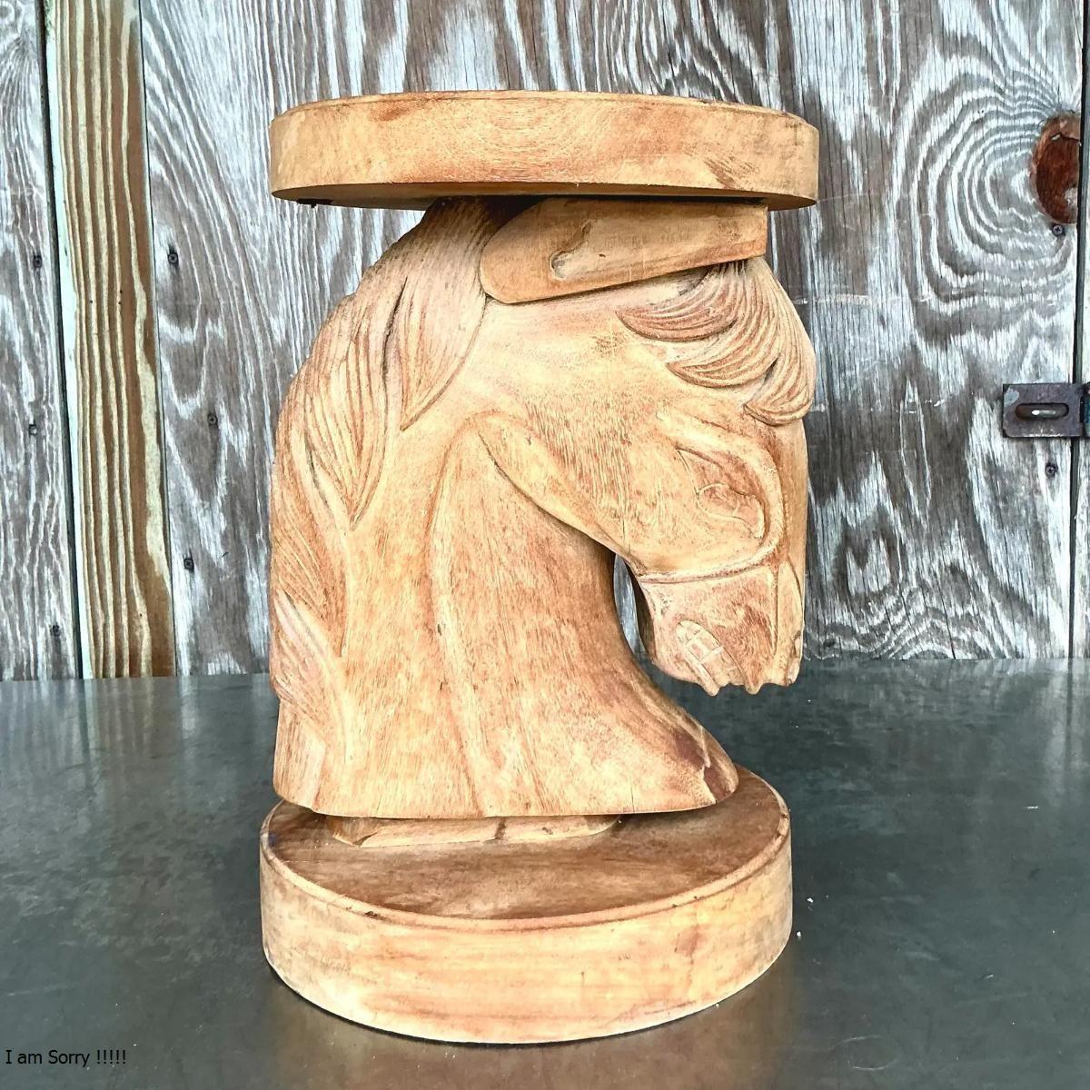 Vintage Boho Carved Wood Horse Head Low Stool For Sale 2