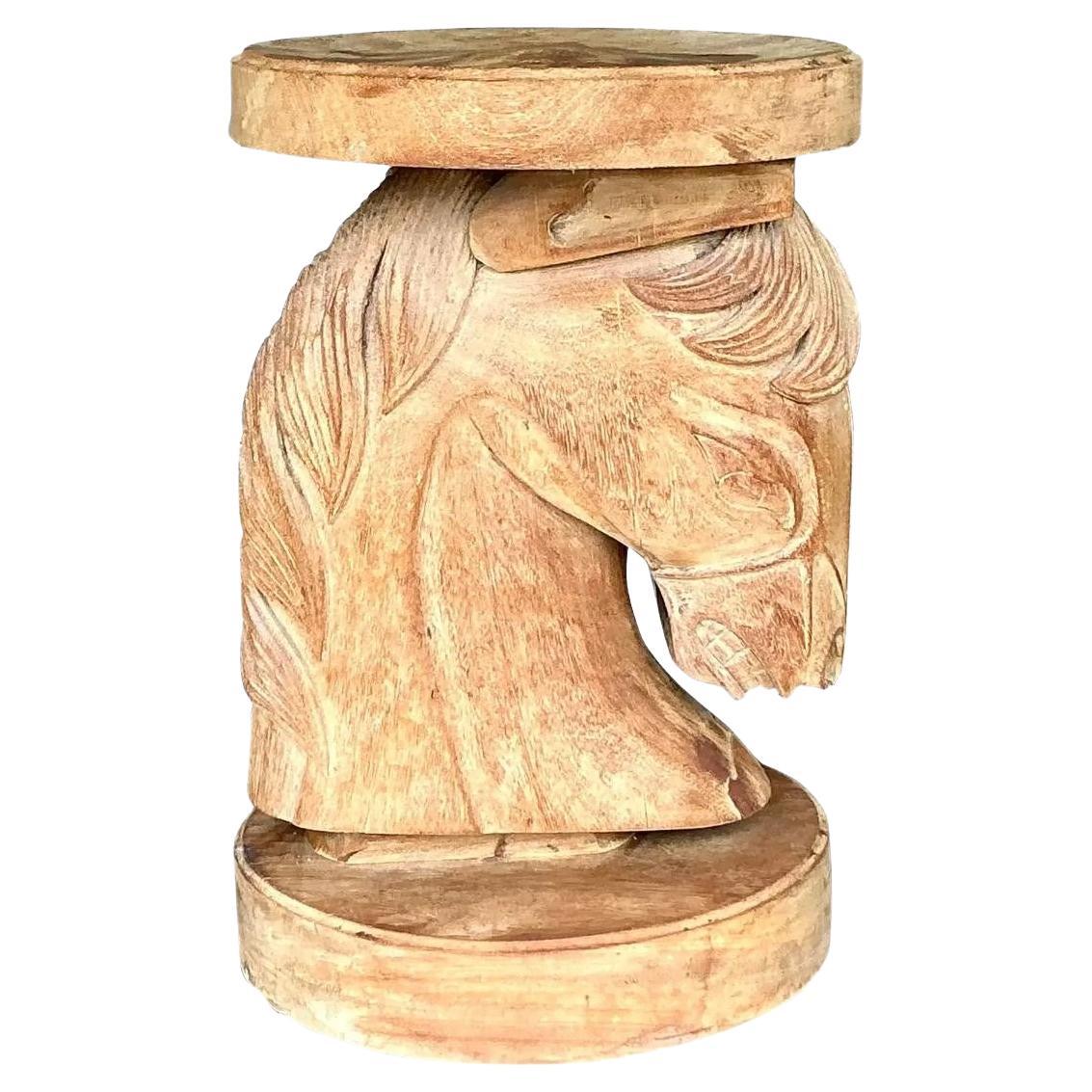 Vintage Boho Carved Wood Horse Head Low Stool For Sale