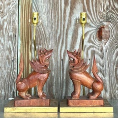 Vintage Boho Carved Wood Lion Lamps - a Pair