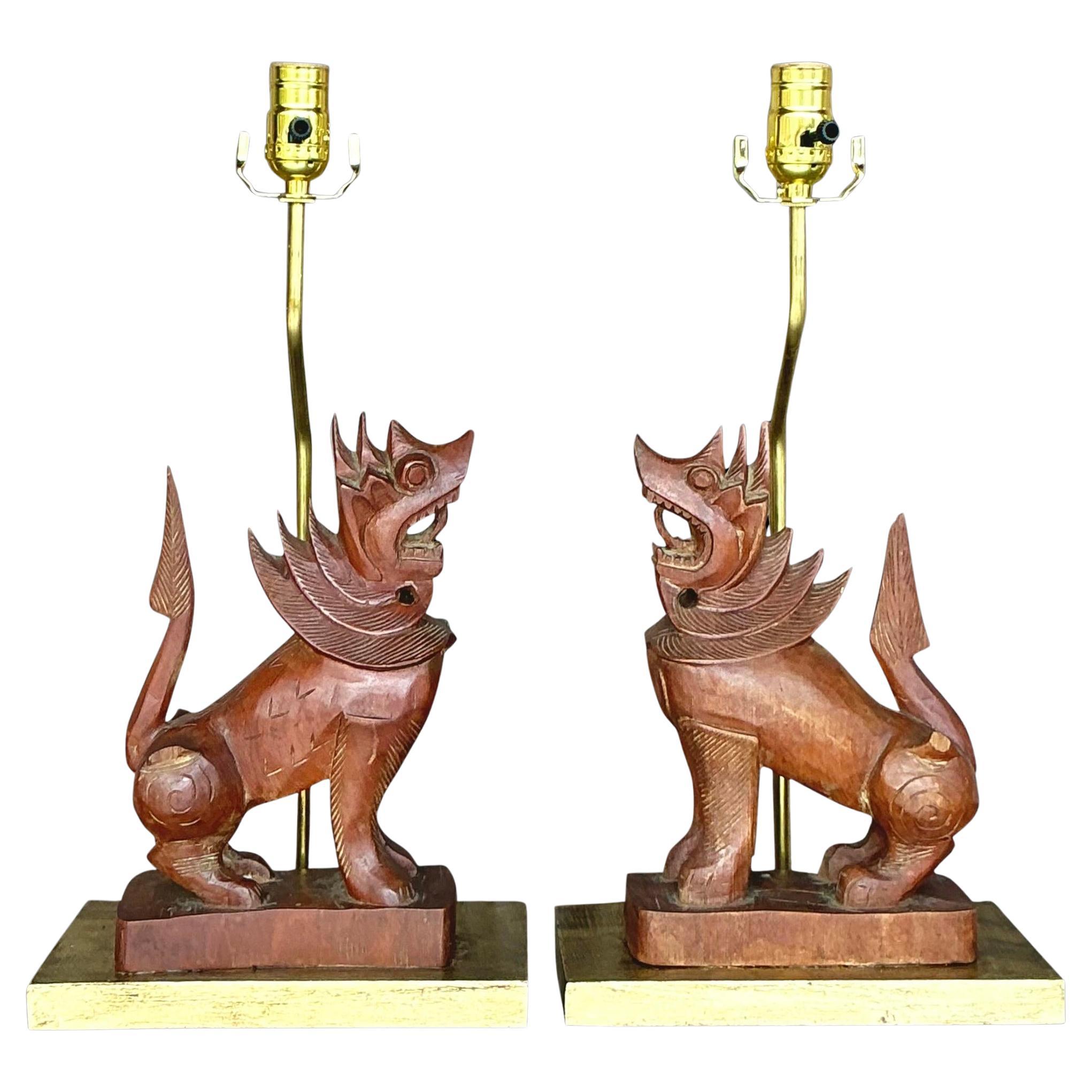 Vintage Boho Carved Wood Lion Lamps - a Pair