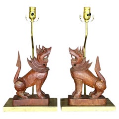 Vintage Boho Carved Wood Lion Lamps - a Pair